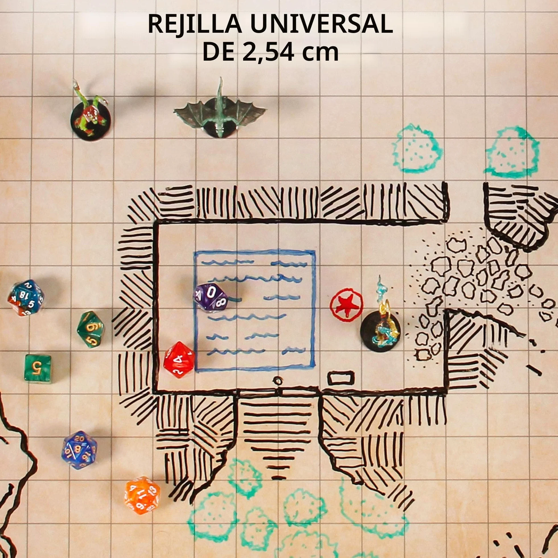 ENHANCE RPG Grid Mat - Tapete de Batalla DND de Mesa (61x91 CM) Juego de rol Mapa de Cuadrícula DND de Borrado en Seco Juego Completo para Maestros y Principiantes, Kit de Marcadores