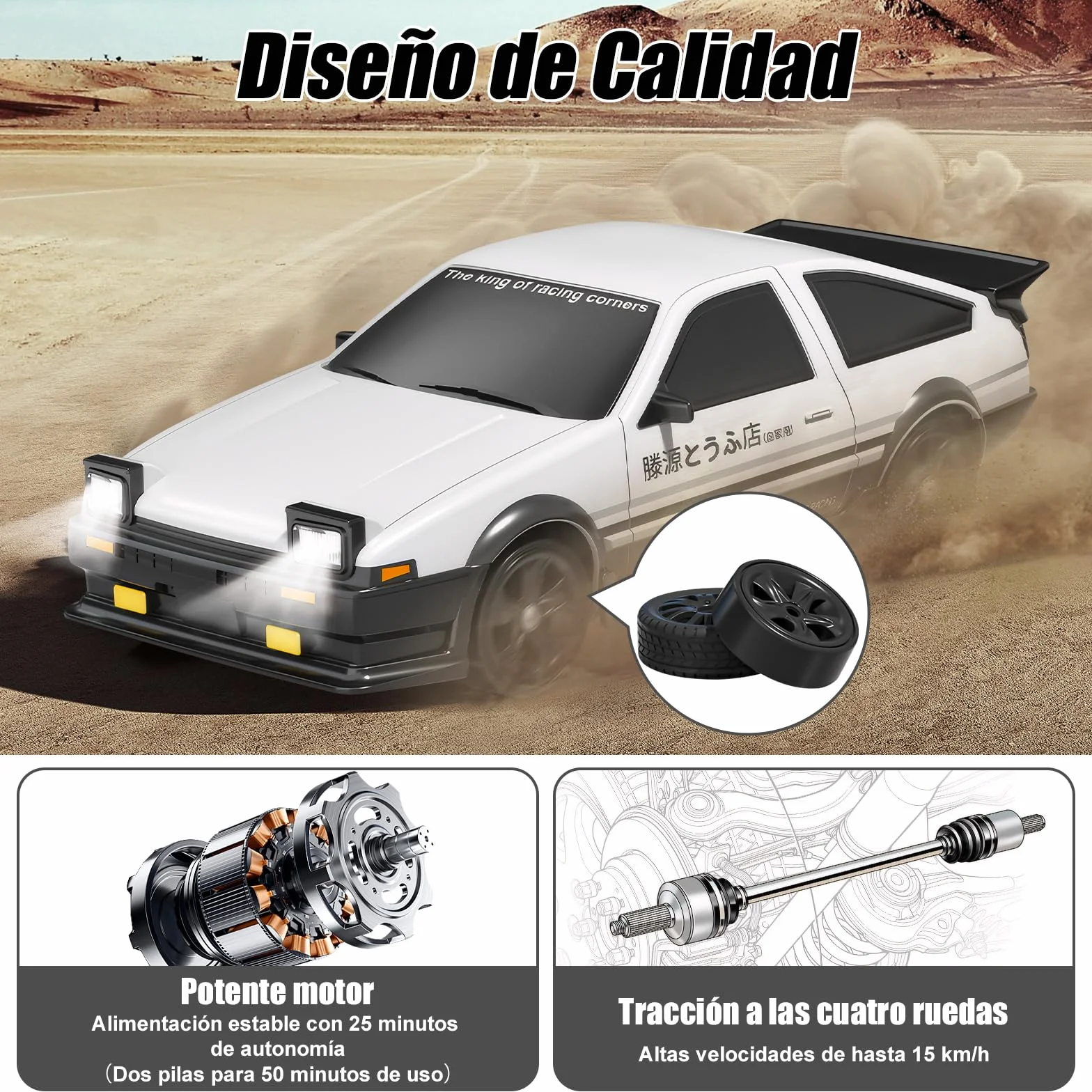 BuzzoXerex Coche Teledirigido Drift, 1:24 Drift RC Car, 18km/h 4WD Mini Car Teledirigido con Kit Barricada, Luces LED, Radiocontrol Coche de Juguete para Adultos y Niños Mayores de 6 Años (Blanco)
