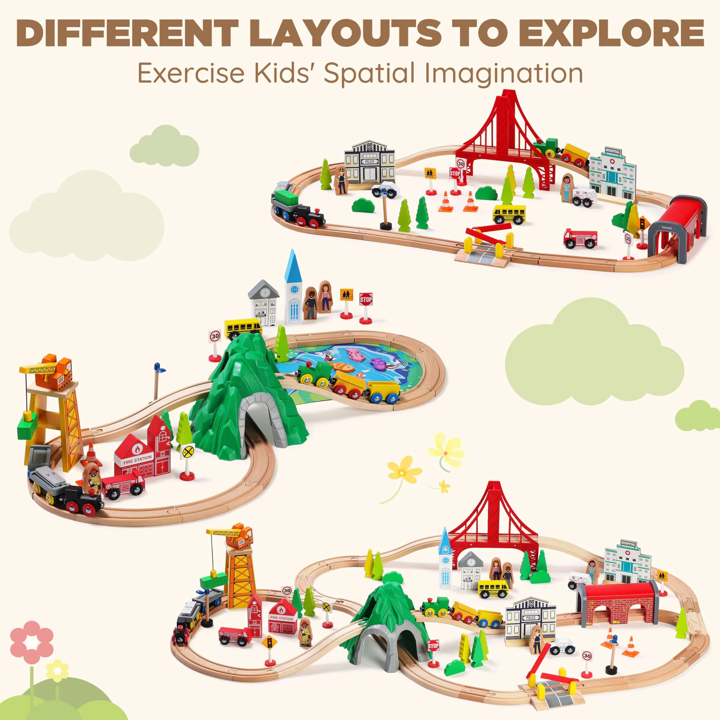 SainSmart Jr. Juego de Tren de Madera de 112 Piezas para niños pequeños, vías de Tren de Doble Cara, Compatible con Brio, Thomas, Melissa y Doug, Juguete de Madera niños y niñas