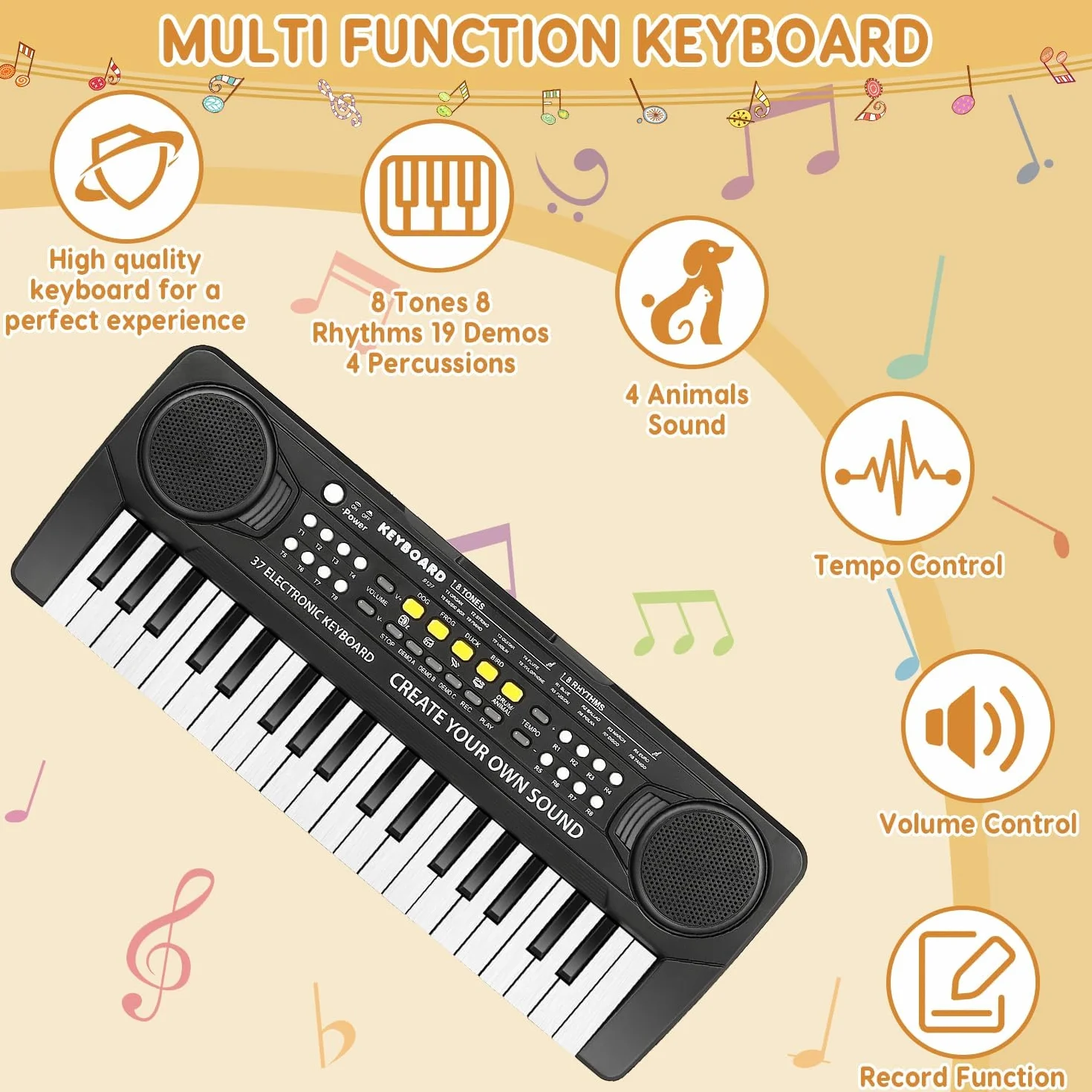 Teclado Electrónico Piano 37 Teclas,Teclado de Piano Portátil para niños con Fuente de Alimentación, Música Digital ,Educativa Regalo para Niños/Principiante Negro