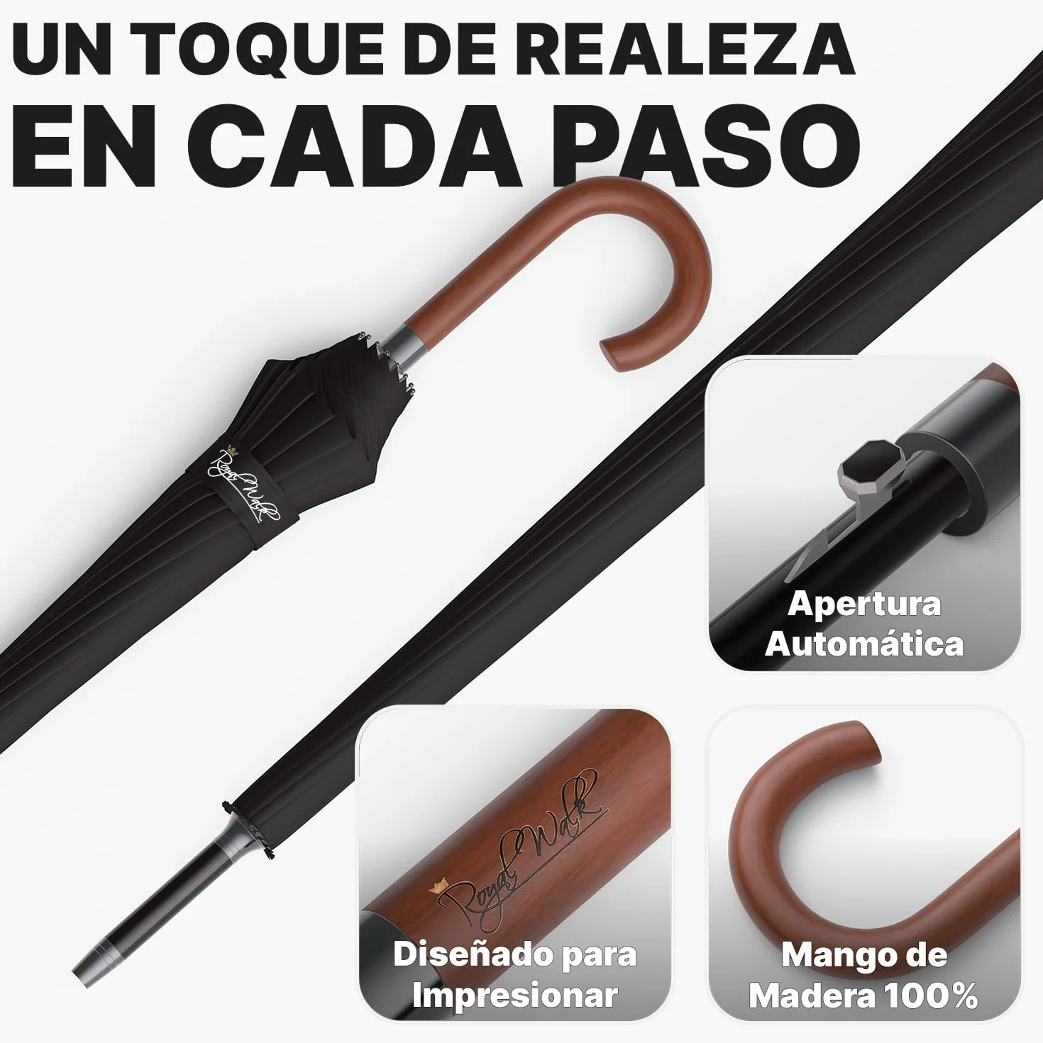 Royal Walk Paraguas Antiviento Automático 54 Pulgadas 120cm 16 Varillas Impermeable Negro