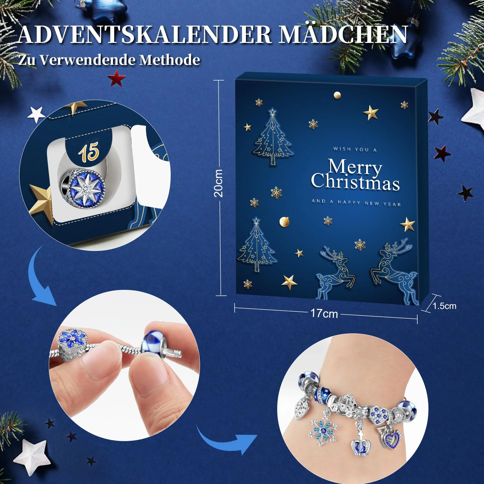 Calendario de Adviento 2025 Joyas Niña Pulseras, 24 días de Sorpresa Calendario de Navidad Cuenta Regresiva Mujer Bricolaje Charms Regalos Kit, Azul