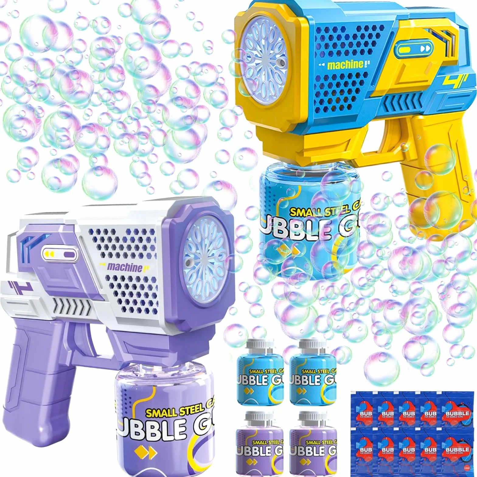 2 Pistolas de Burbujas para Niños, Máquina Automática de Burbujas LED de Jabón 10000+ Burbujas con 4 Soluciones (90 ml), Juguete de Verano, Regalos para Cumpleaños Fiestas, Aire Libre Bodas
