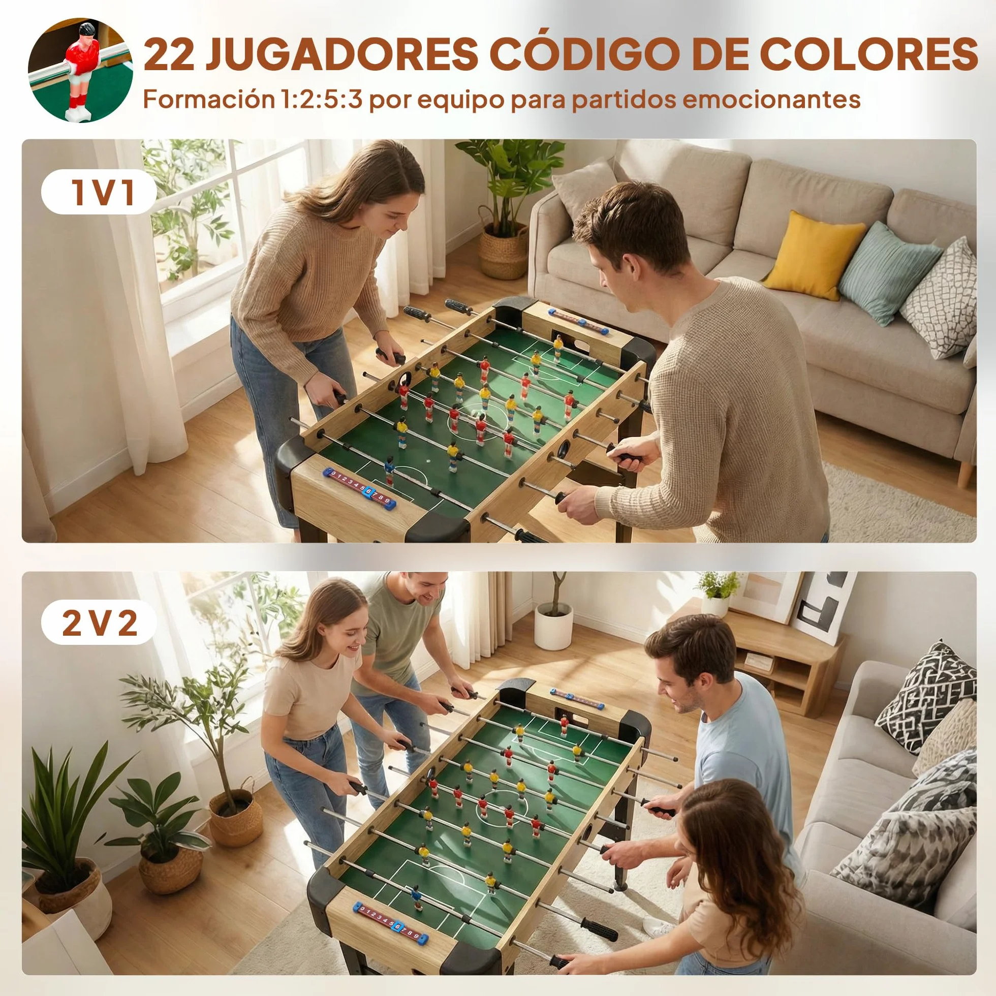 SPORTNOW Futbolín para Niños de Madera, Mesa de Futbolín con 2 Marcadores, 8 Asas, 22 Jugadores, 8 Barras y 2 Bolas, Regalo para Adultos, Familias, Fiestas, 92x75x71 cm, Natural