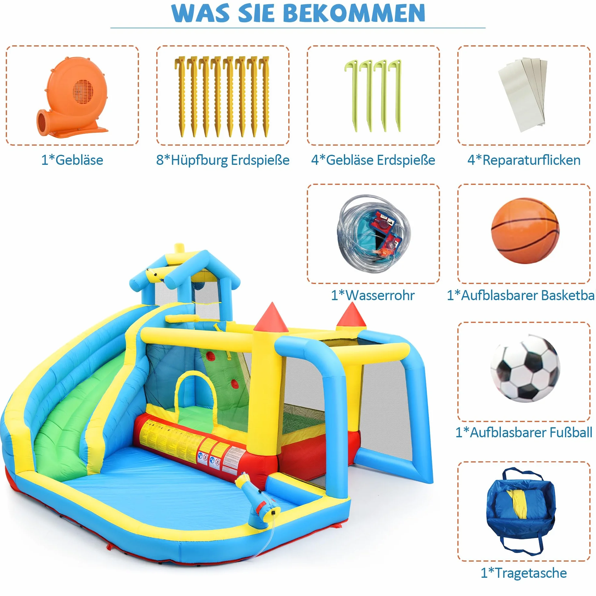 Bouncy Castle para niños 5 en 1 con ventilador, parque acuático inflable con tobogán, plataforma de salto, piscina y red de fútbol, castillo hinchable al aire libre para jardín, tela Oxford