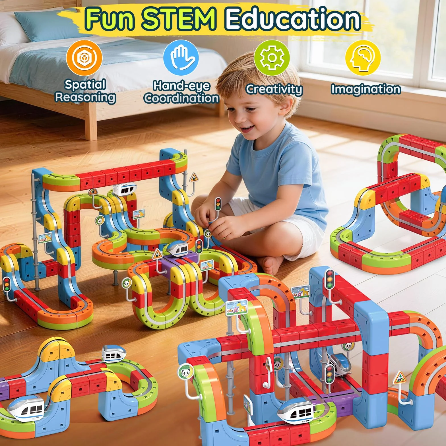 Tren Eléctrico Juguete 141 Piezas, Kit de Vías de Cubos 3D DIY, Juego de Construcción Regalo para Niños 3-12 Años
