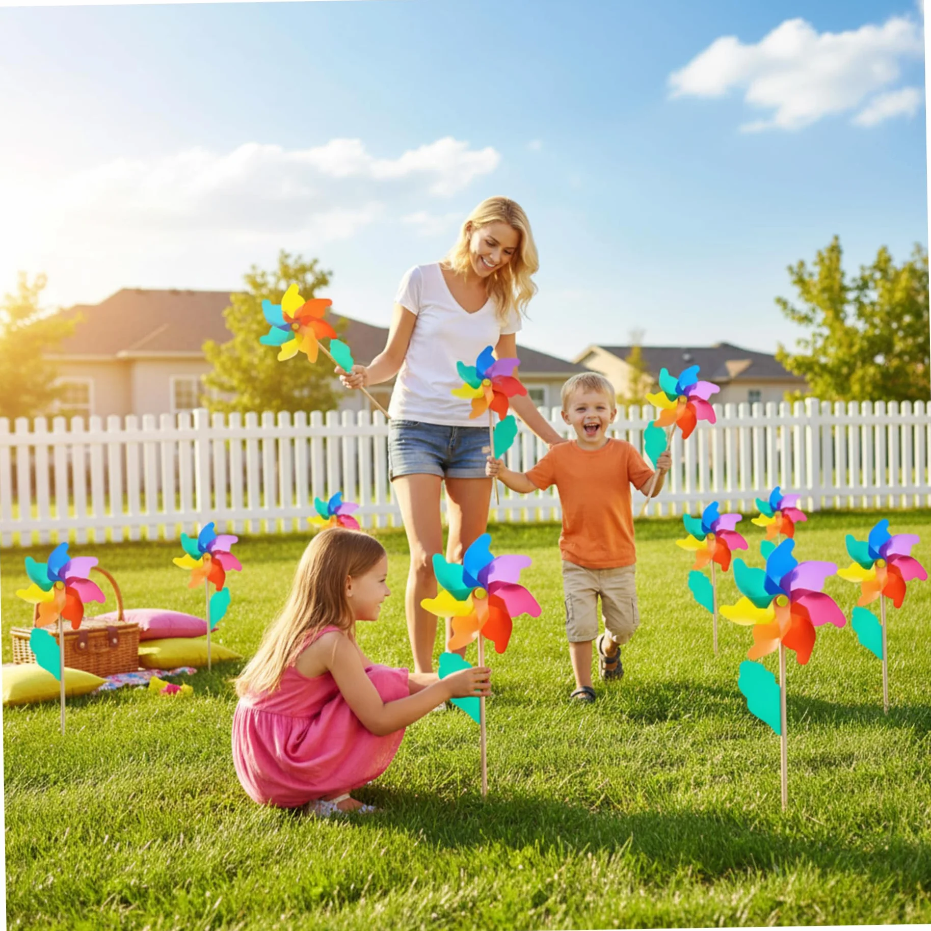 Molino de viento de plástico colorido de 7 pulgadas para niños con poste de madera de 15.8 pulgadas, 10 molinillos para patio y jardín.