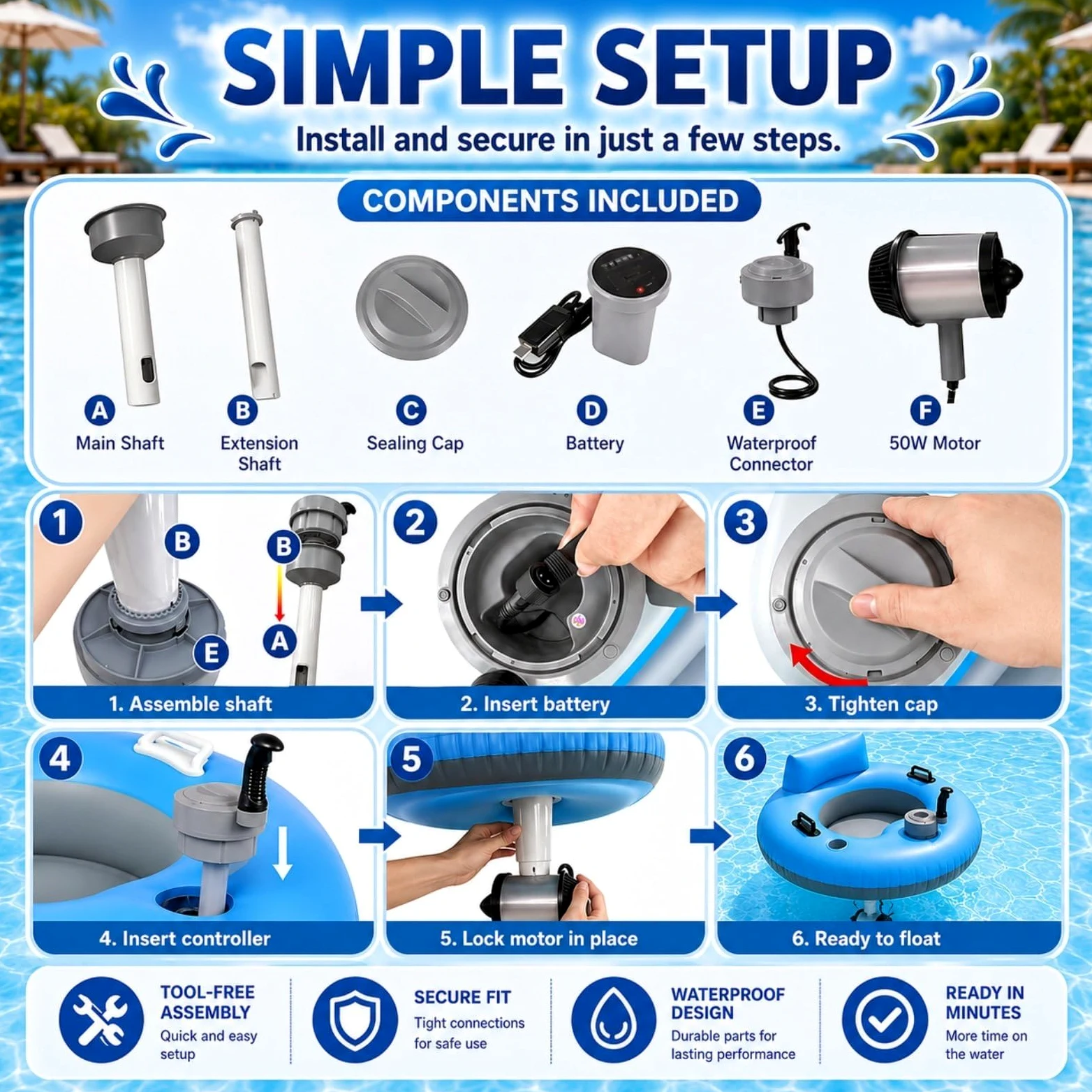 Flotador Motorizado para Piscina, Motor 50 W, Joystick 360° | PVC Grueso, Capacidad 136 kg, Autonomía 60 Min para Usuarios 14+ en Piscina, Lago, Ríos Tranquilos