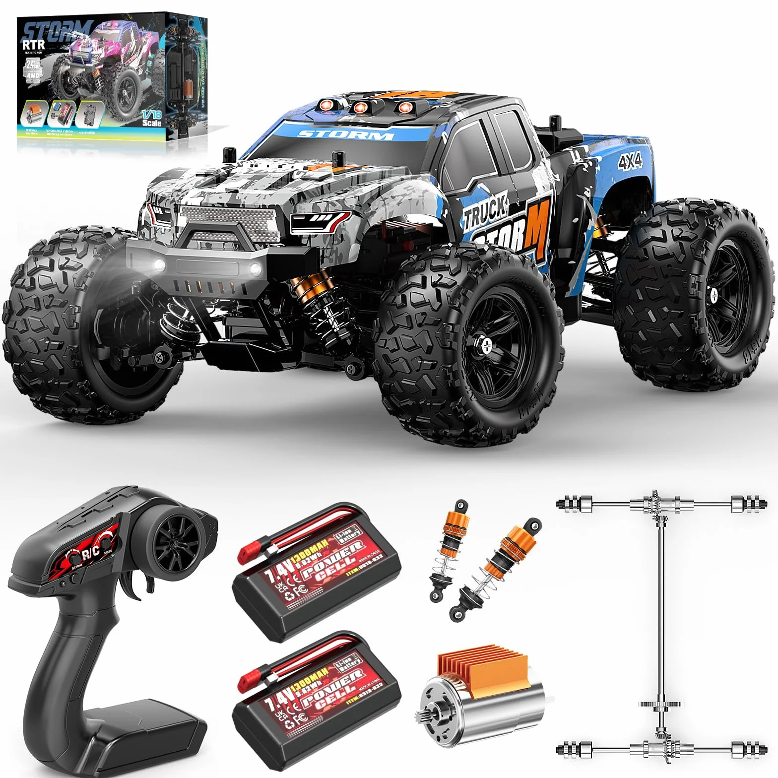 Coche radiocontrol 4x4 Todoterreno 1:18, Coche teledirigido RC 2.4GHz proporcional, 2 baterías 7,4V 1300mAh, transmisión metálica, para Mayores de 8 años y Adultos Principiantes