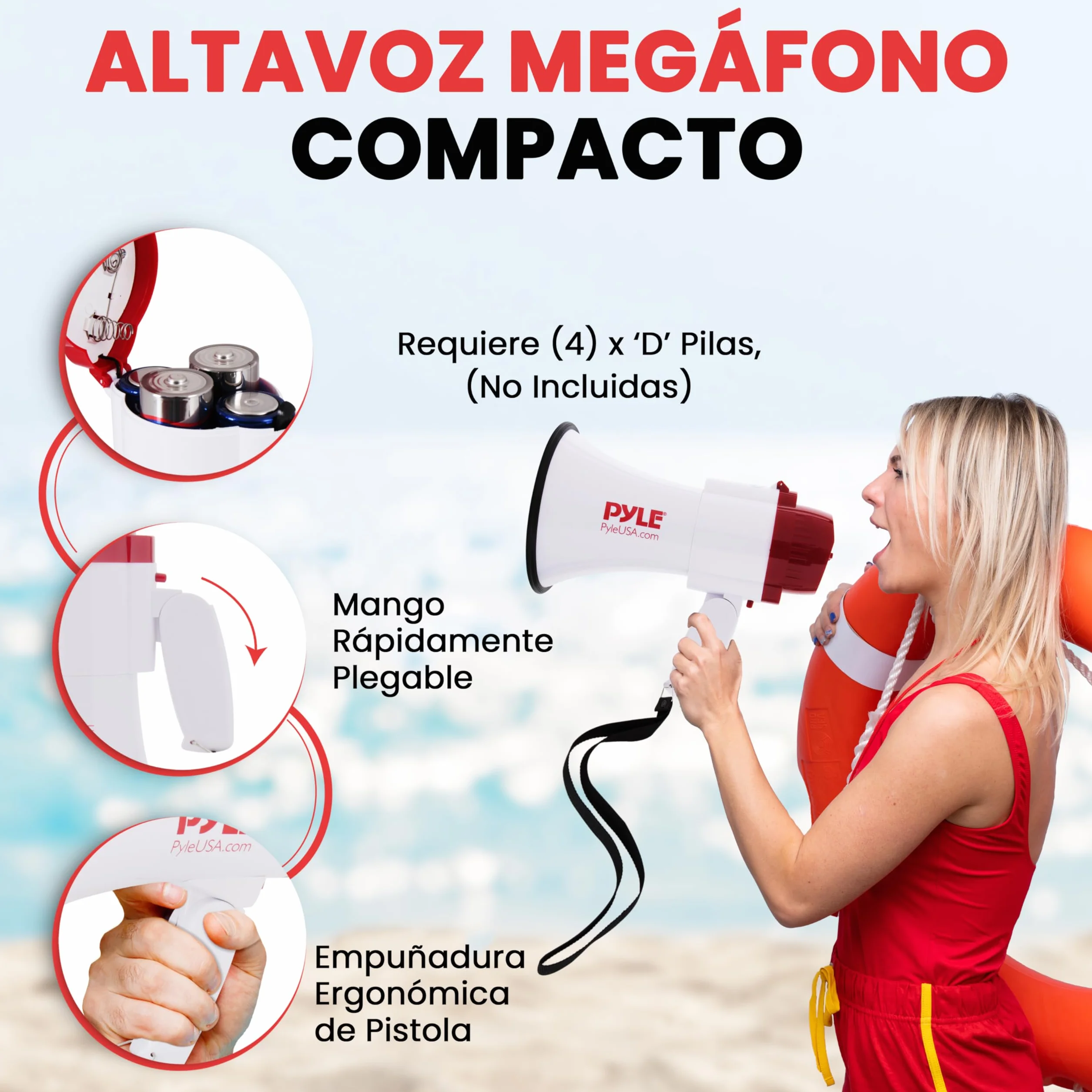Pyle Megafono Portatil Altavoz Sirena 30V Microfono Sonido PA Mango Plegable