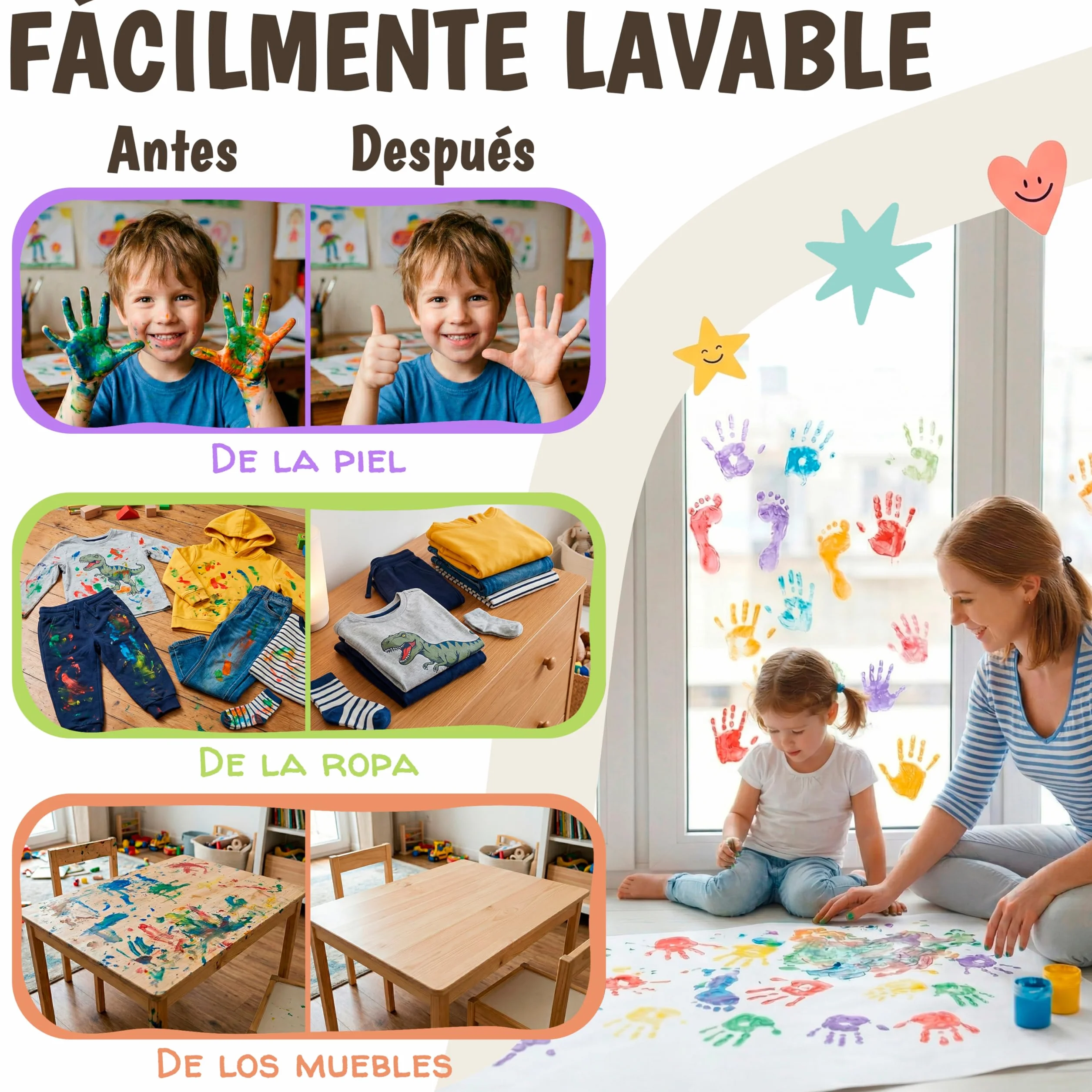 Pintura Dedos Bebe No Toxica Lavable 6x60ml – Pintura de Dedos Para Niños 1, 2, 3 años | Pintar con Manos y Pies | Pinta con Manos & Huellas Bebé Multi Superficia