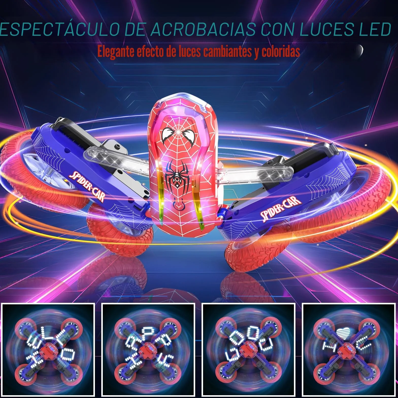 Coche Teledirigido Niños 4 5 6 7 8 9 10 Años, Spider Juguete Monster Truck RC Carro Radiocontrol Acrobático con Espectáculo de Luz, Remote Car Regalo Niña Cumpleaños Navidad Juego Infantiles Exterior