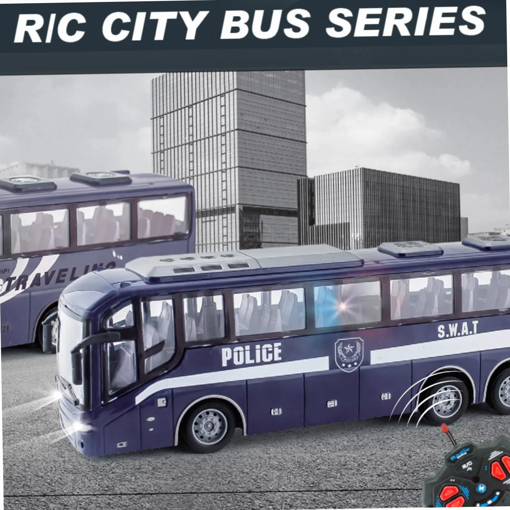 Juguete de autobús de la policía, 12.4x3.2x4.5 pulgadas 1:30 Simulador de autobús de la policía eléctrica realista y divertida de control remoto, regalo creativo para niñas, sin batería, azul