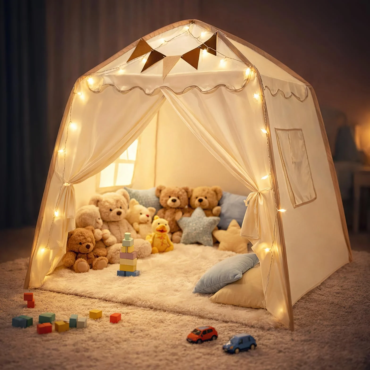 Tienda Campaña Infantil Tipi Cabañas para Niños con Luces y Banderas Casa de Juegos Carpa de Princesa Grande Regalo con Ventanas
