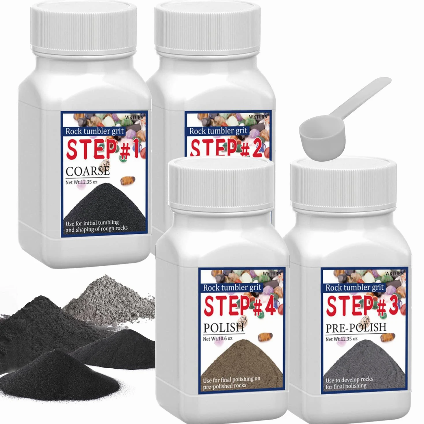 Rock Tumbler Grit Set, recambio para pulir de grano de roca, 4 soportes básicos de tambor (grano grueso, grano medio, prepulido, pulido final), juego de vasos de roca 2.0 para cualquier marca