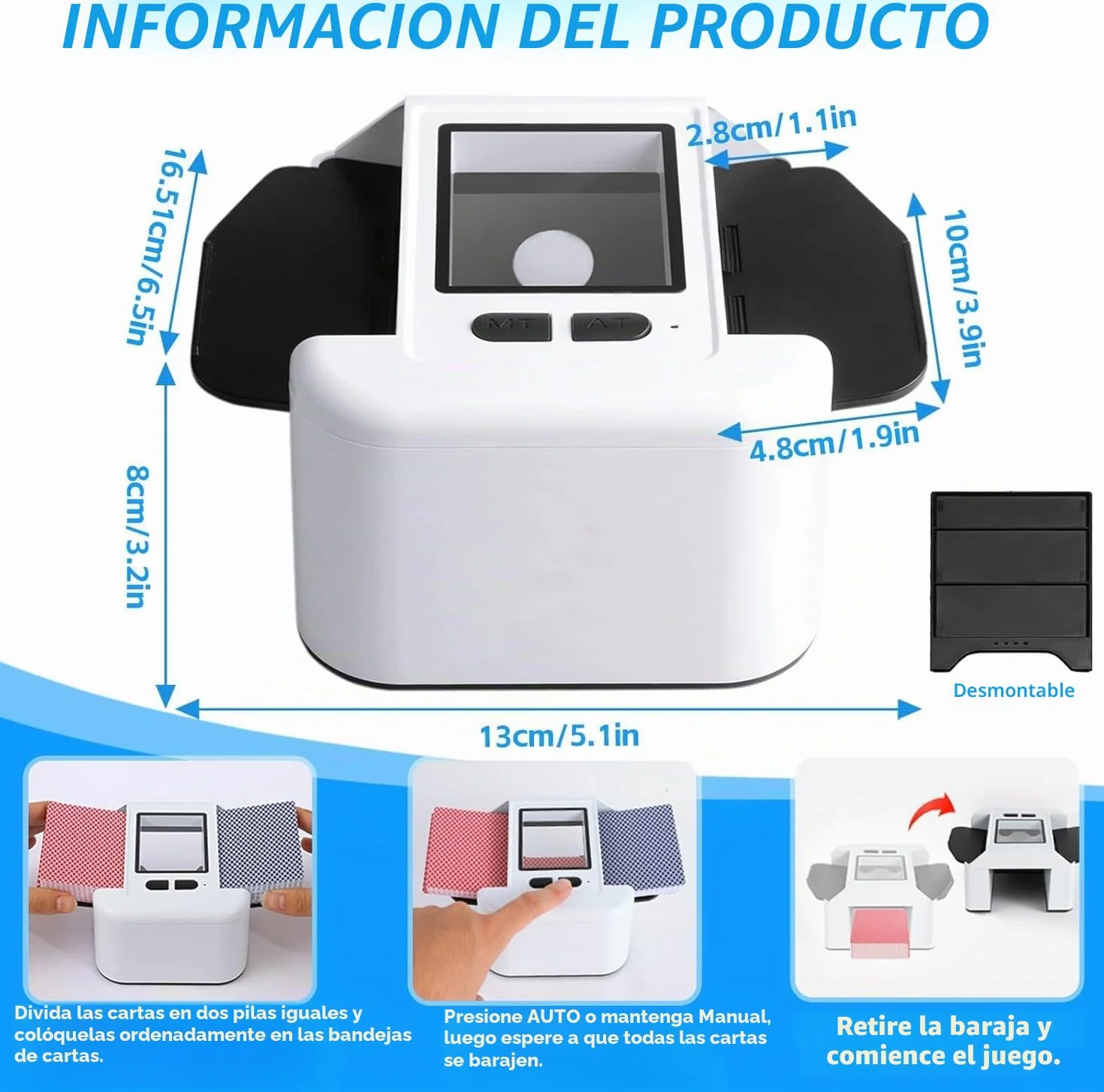 Barajador de Cartas Automático, Barajador Eléctrico para 1-2 Barajas, Modo Automático y Manual, Recargable 2000 mAh, Portátil y Silencioso, para Póker, UNO, Blackjack, Skip-BO