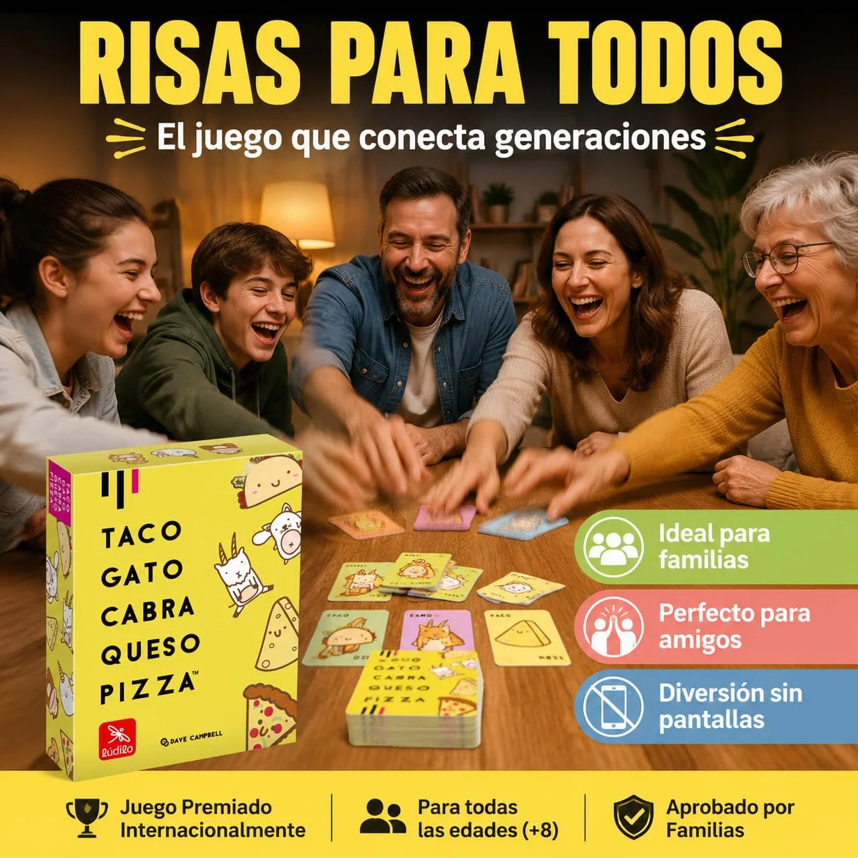 Ludilo Taco Gato Cabra Queso Pizza Juego de Cartas para Niños 8+ Años 3-8 Jugadores 60 Cartas