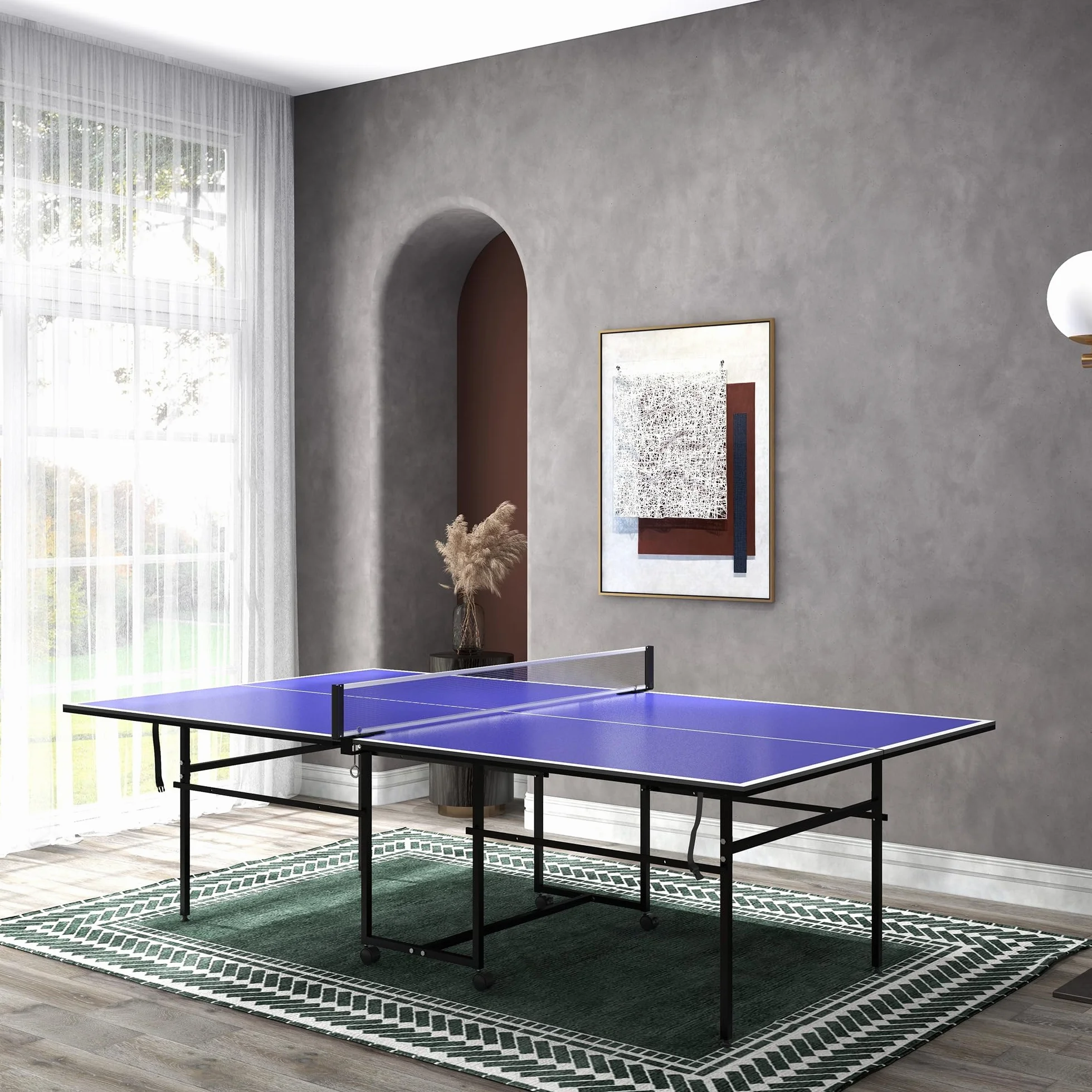SPORTNOW Mesa de Ping-Pong Plegable Profesional 274x152,5x75,5 cm con 4 Ruedas, 2 Palas, Red y 3 Pelotas Azul