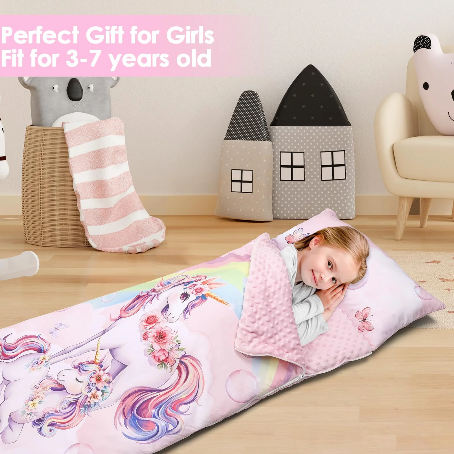 Cálida Alfombrilla de Siesta para Niños Pequeños con Almohada Extraíble, Saco de Dormir Plegable para Niñas y Niños, Bolsa de Dormir con Cremallera para Camping Siesta, 150×60cm