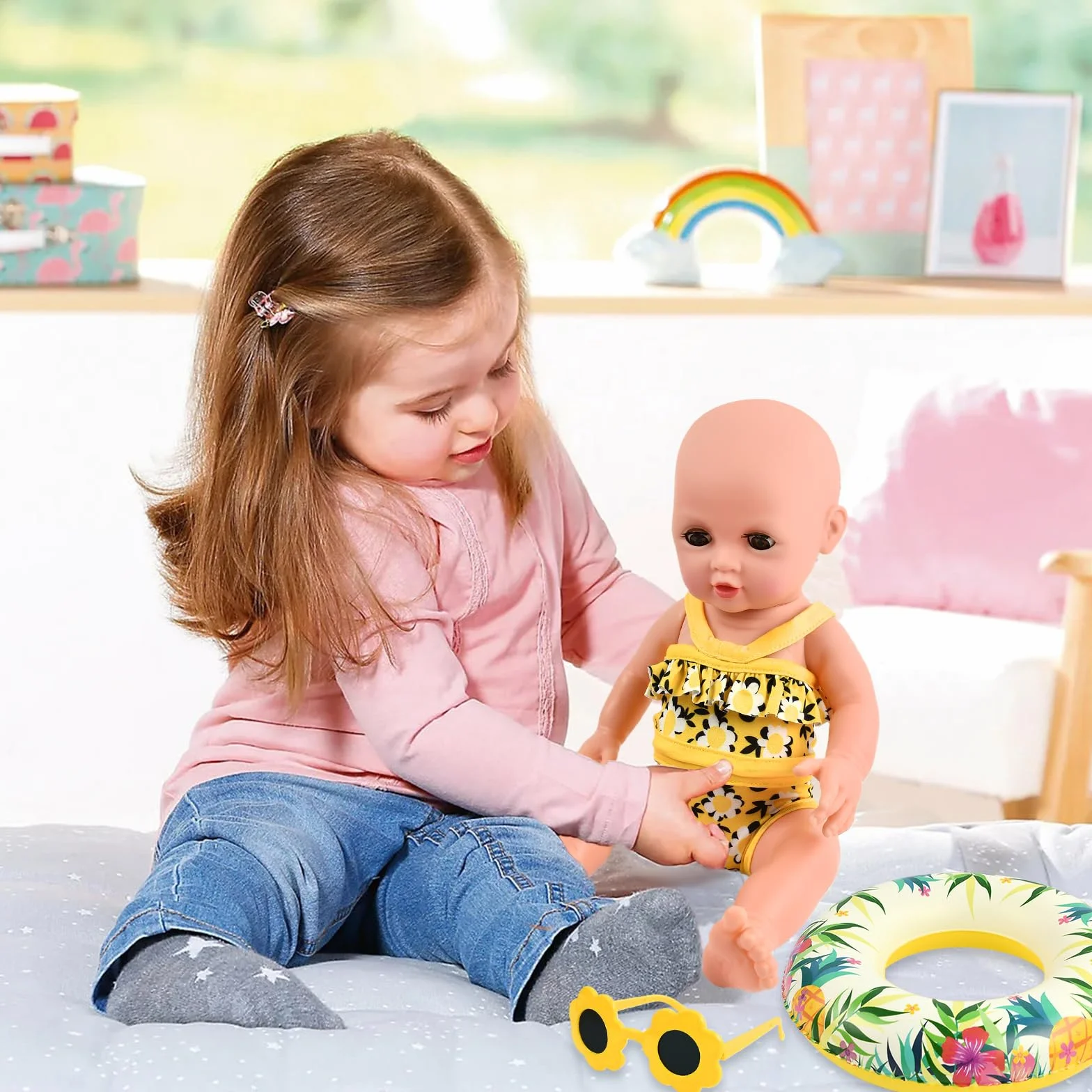 Traje de Baño para Muñecas, Ropa de Muñecas para New Born Baby Doll, Ropa para Muñecas Bebé con Bañadores Muñecas, Gafas de Sol, Anillo de Natación, Ropa de Muñeca para Muñecas de 35–45 cm