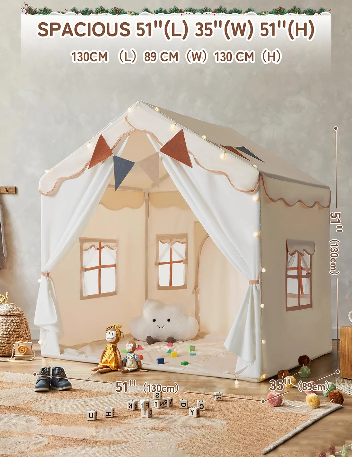besrey Tienda de Campaña Infantil 2 en1 con Alfombra Acolchada, Luces y Banderas, Casita Infantil Tela de Juegos con 2 Puertas y 4 Ventanas, Cabañas para Niños