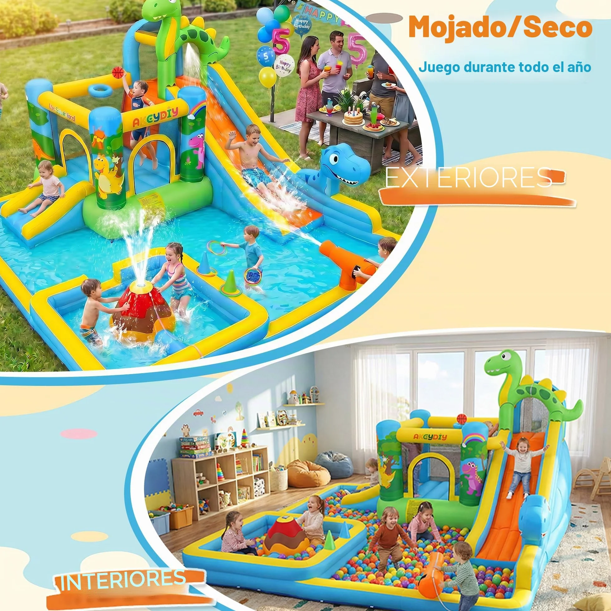 Tobogán acuático Inflable Castillo Hinchable con soplador para niños de 3 años + años, tobogán seco/acuático, Dinosaurios con 2 toboganes, Piscina Infantil y Piscina, Canasta de Baloncesto, cañón de