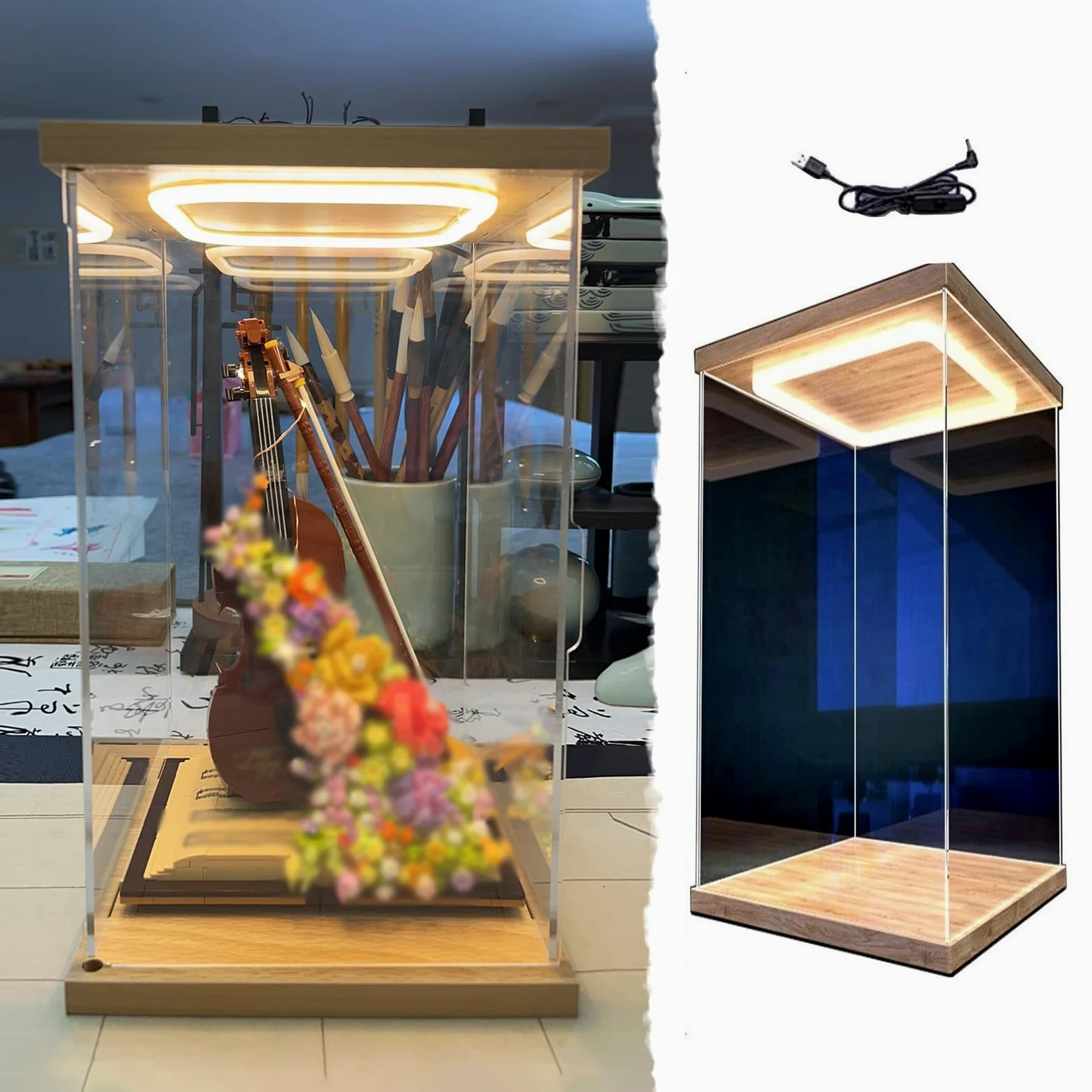 Vitrina de Acrílico Vitrina Alta de PVC Transparente con Luz LED, Caja de Acrílico para Exhibir Figuras de Trofeos, Vitrina para Figuras a Prueba de Polvo Puerta, Contenedores(30x40x60cm/12x16x24in)