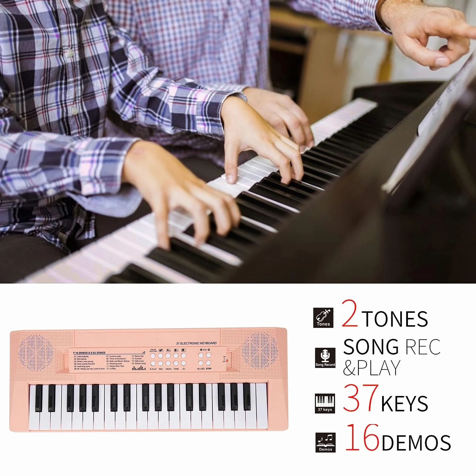 Ejoyous Teclado Piano eléctrico de 37 teclas, teclado musical portátil para principiantes con función de grabación, micrófono incluido, teclas blancas y negras, alimentación de batería USB AA (rosa)