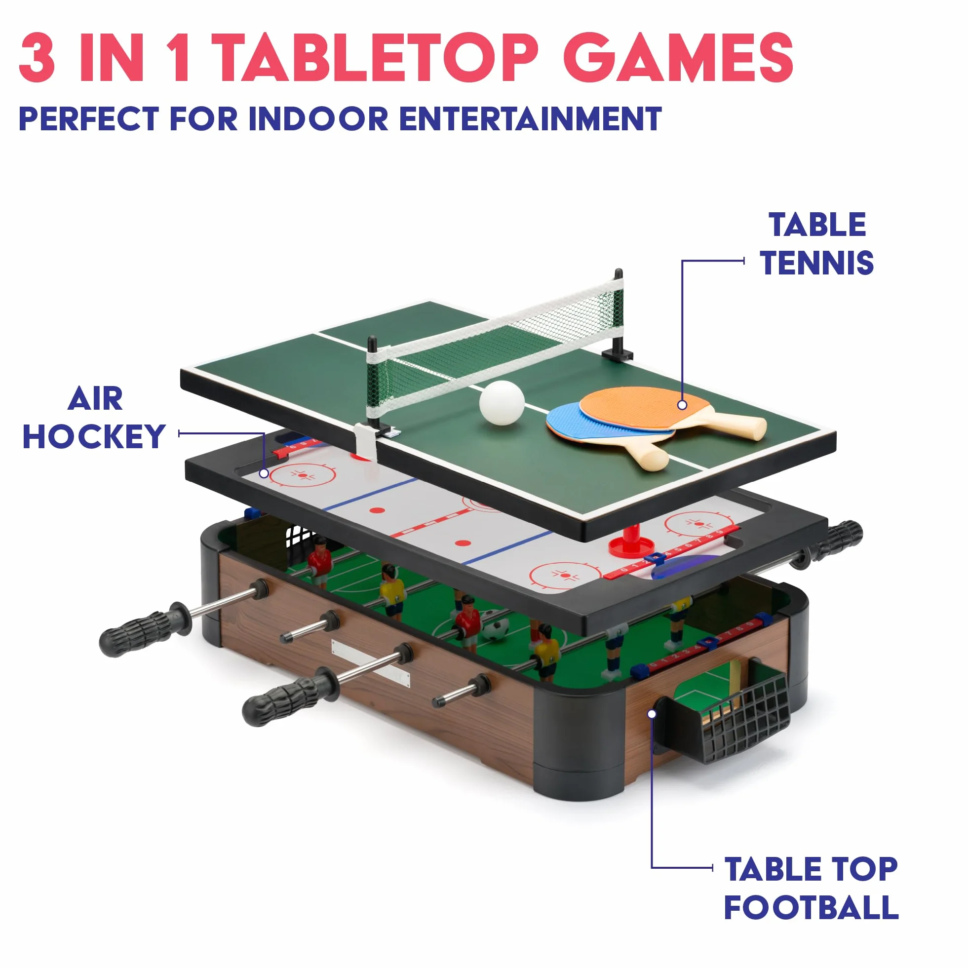 Toyrific Powerplay - Juego de Mesa 3 en 1, Juego de Mesa multijuego, Mini fútbol, Hockey y Tenis de Mesa, mesas de Billar Deportivas, Talla única