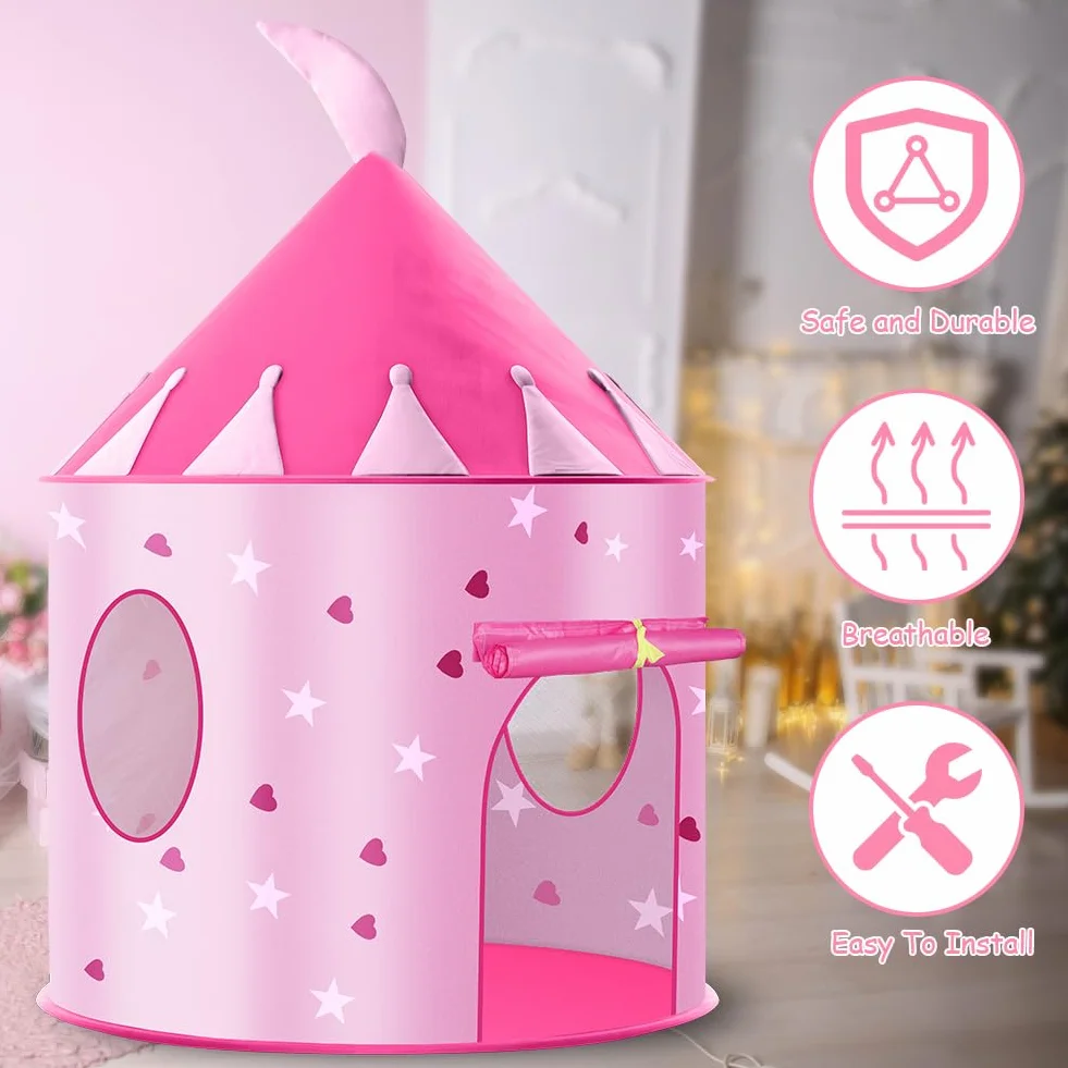 HOTUT Tienda para Niños, Tienda de Campaña Infantil con Leds Cadena, Tienda de Campaña de Princesa con 10 Pegatinas de Tatuajes, Carpa Infantil Plegable para Juegos de Interior y Exterior - Rosa
