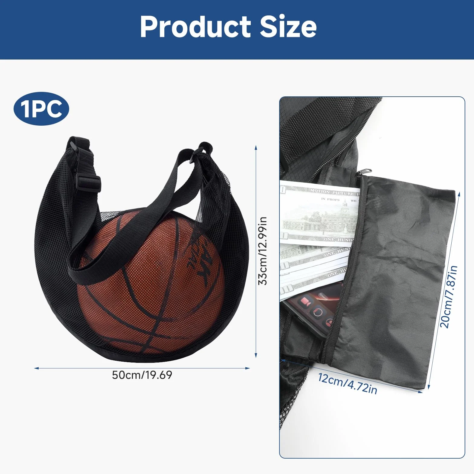 Bolsa de Malla Deportiva con Correa de Hombro Ajustable para Baloncesto, Fútbol, Tenis, Rugby, Voleibol