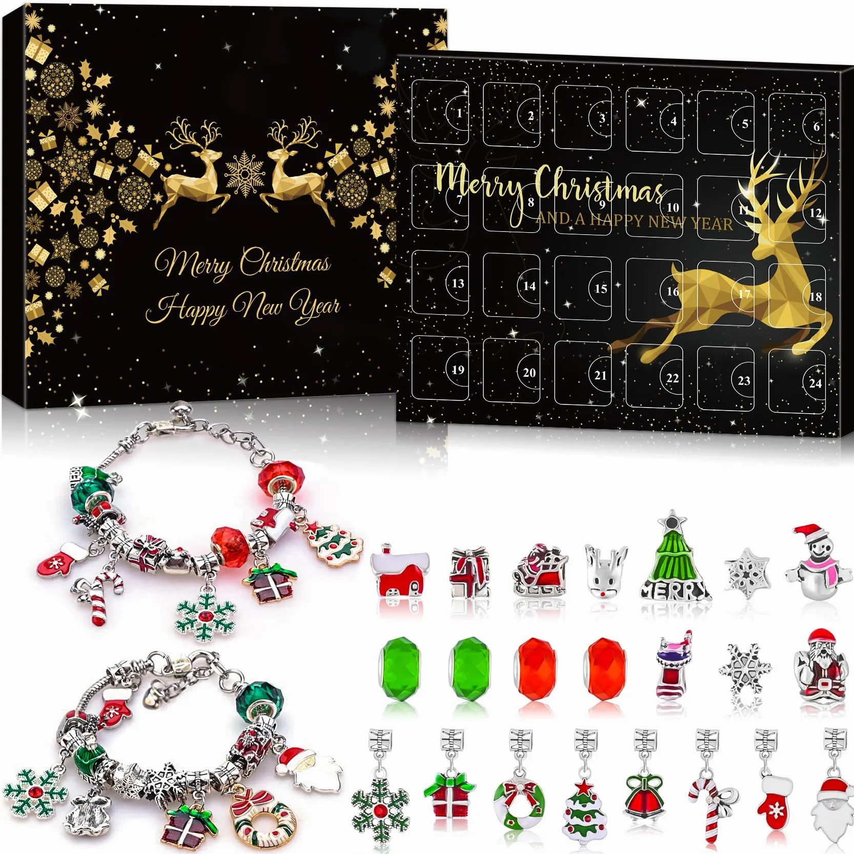 Adwenskalenda 2025 - Calendario de Navidad para niños, joyas para niñas, con 24 manualidades, pulsera, kit de Navidad, calendario de cuenta regresiva para adolescentes, niñas, 6, 7