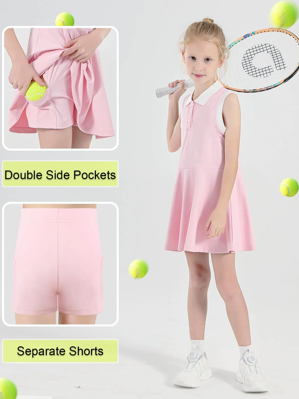 Vestido de Tenis para Niñas con Pantalones Cortos Bolsillos Deportivo sin Mangas Polo Golf 5-15 años