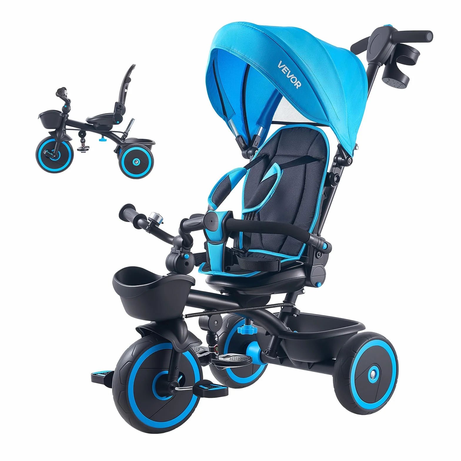 VEVOR Triciclos para Niños de 1 a 5 Años, Triciclo Infantil con Manillar de Empuje para Padres, Capota, Asiento Ajustable, Espacio de Almacenamiento, Cuadro de Acero al Carbono, Azul y Negro