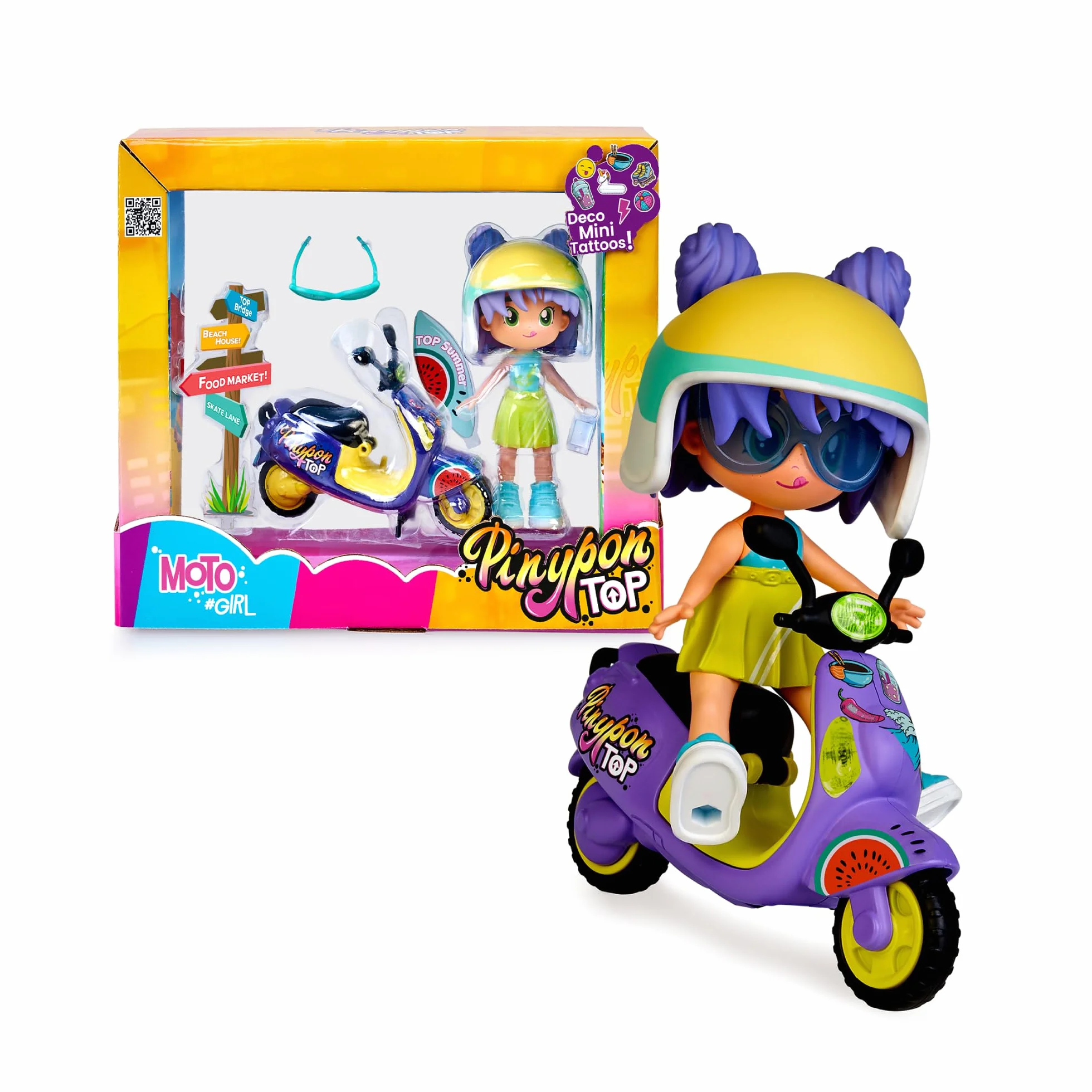 Pinypon Top Moto Girl, Figura Articulada de Brazos y Piernas, Set de Chica Top con su Moto, Incluyen Casco y Gafas, Ropa y Zapatos Intercambiables, Doble Cara y Decoración, +4 años, Famosa (PNN03000)