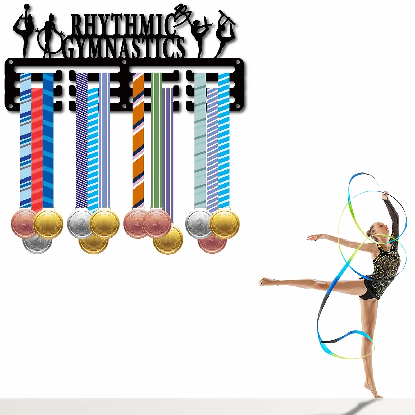 CREATCABIN Soporte para Medallas Gimnasia Rítmica, Colgadores Metal, Estante de Pared Negro 29x13cm