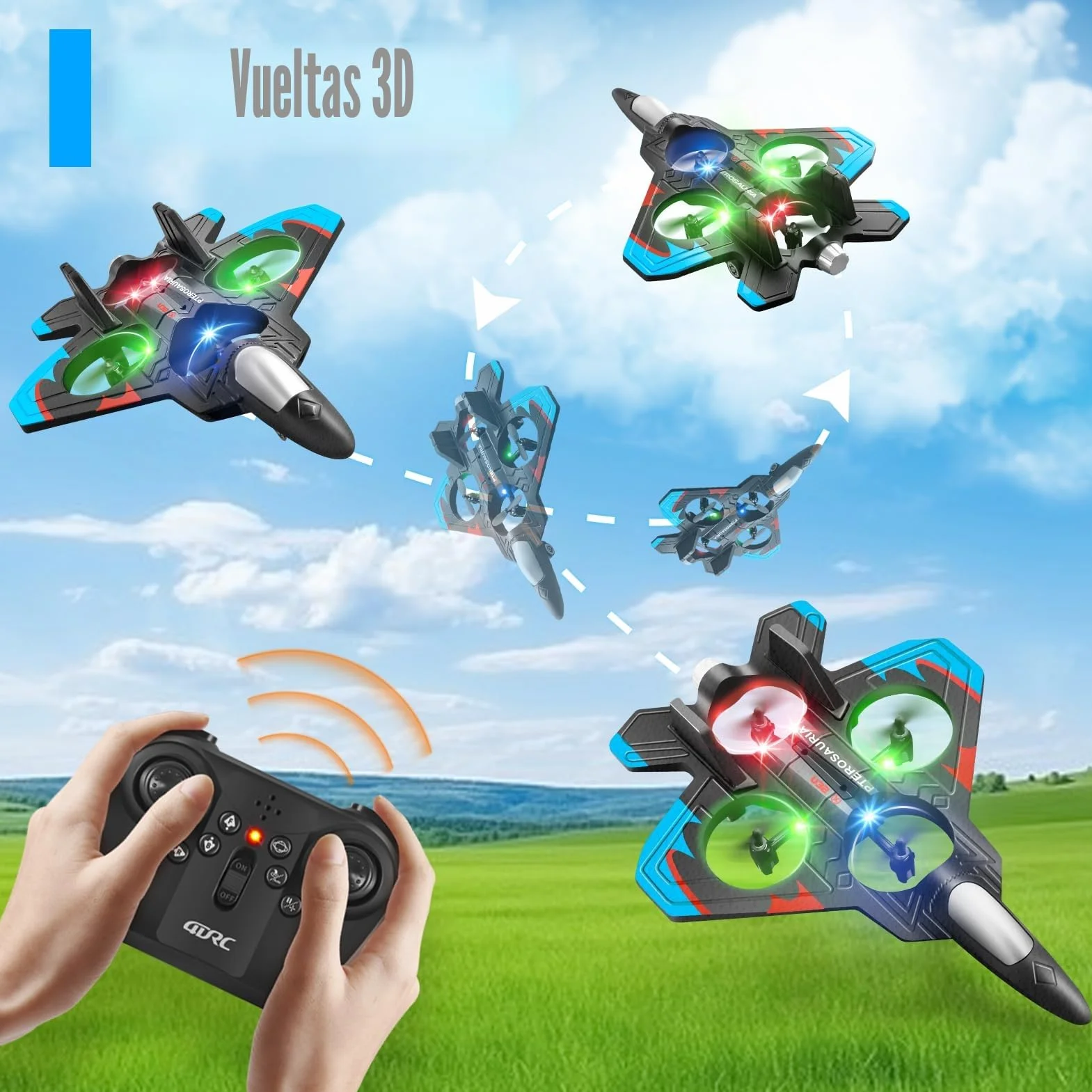 4DRC Avión V32 Controlado por Radio, para Niños >8 Años, Jet con Luces, Giro 360°, Mantenimiento de Altura, Modo sin Cabeza, Arranque un Clic, Regalo de Juguete al Aire Libre para Adultos y Niños