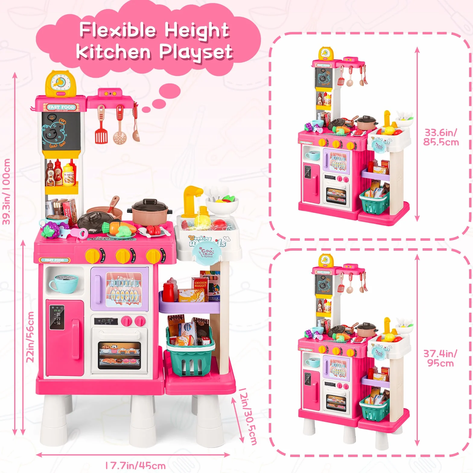 deAO Cocina de Juguete Infantil 54PCS con Utensilios, Estufa, Fregadero, Sonido y Luz, Tres Alturas Ajustables Rosa