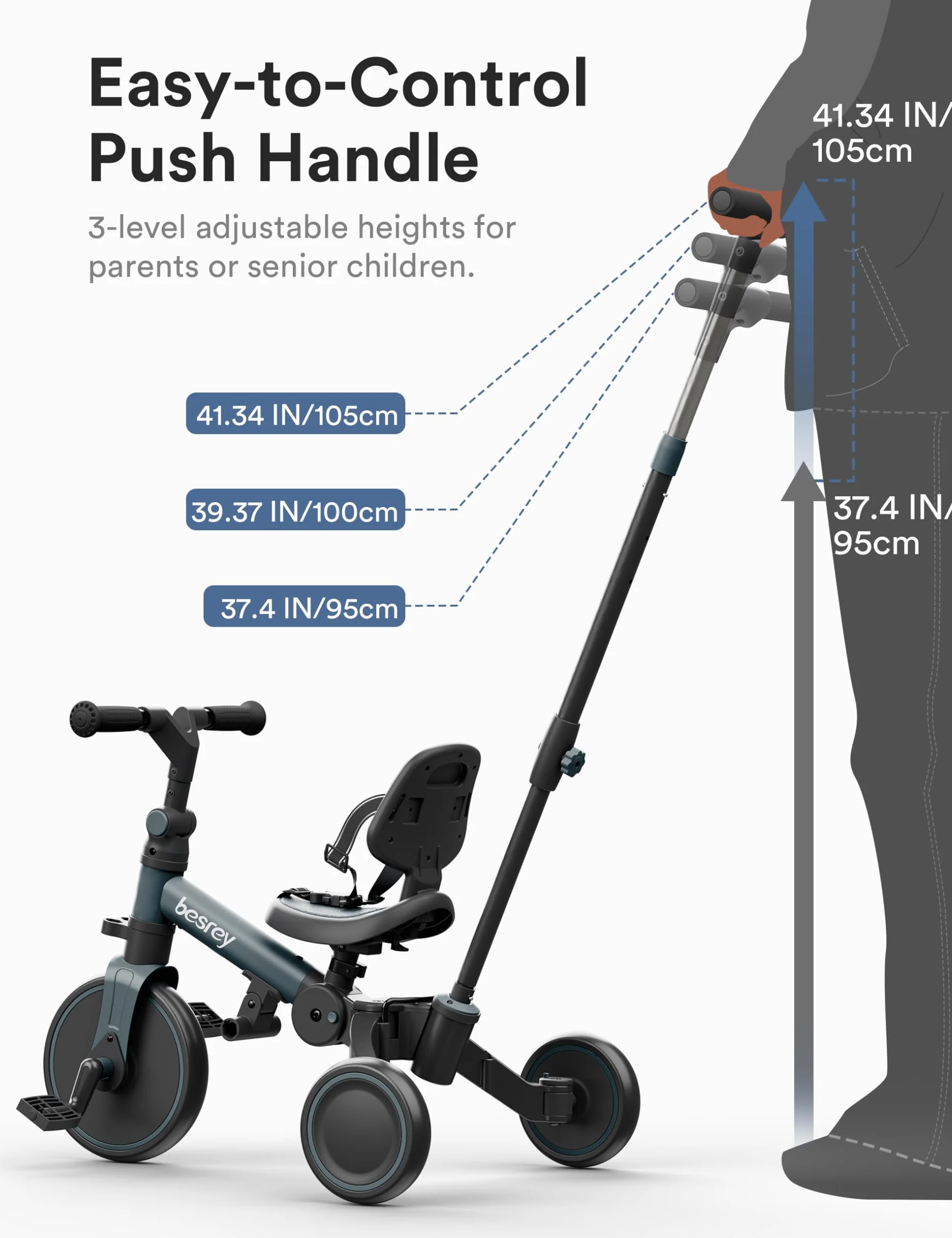 besrey Bicicleta para niños pequeños con manija de Control Parental para niñas y niños de 1 a 3 años, Triciclo para niños, Triciclo para niños pequeños con Pedal extraíble, Asiento Ajustable