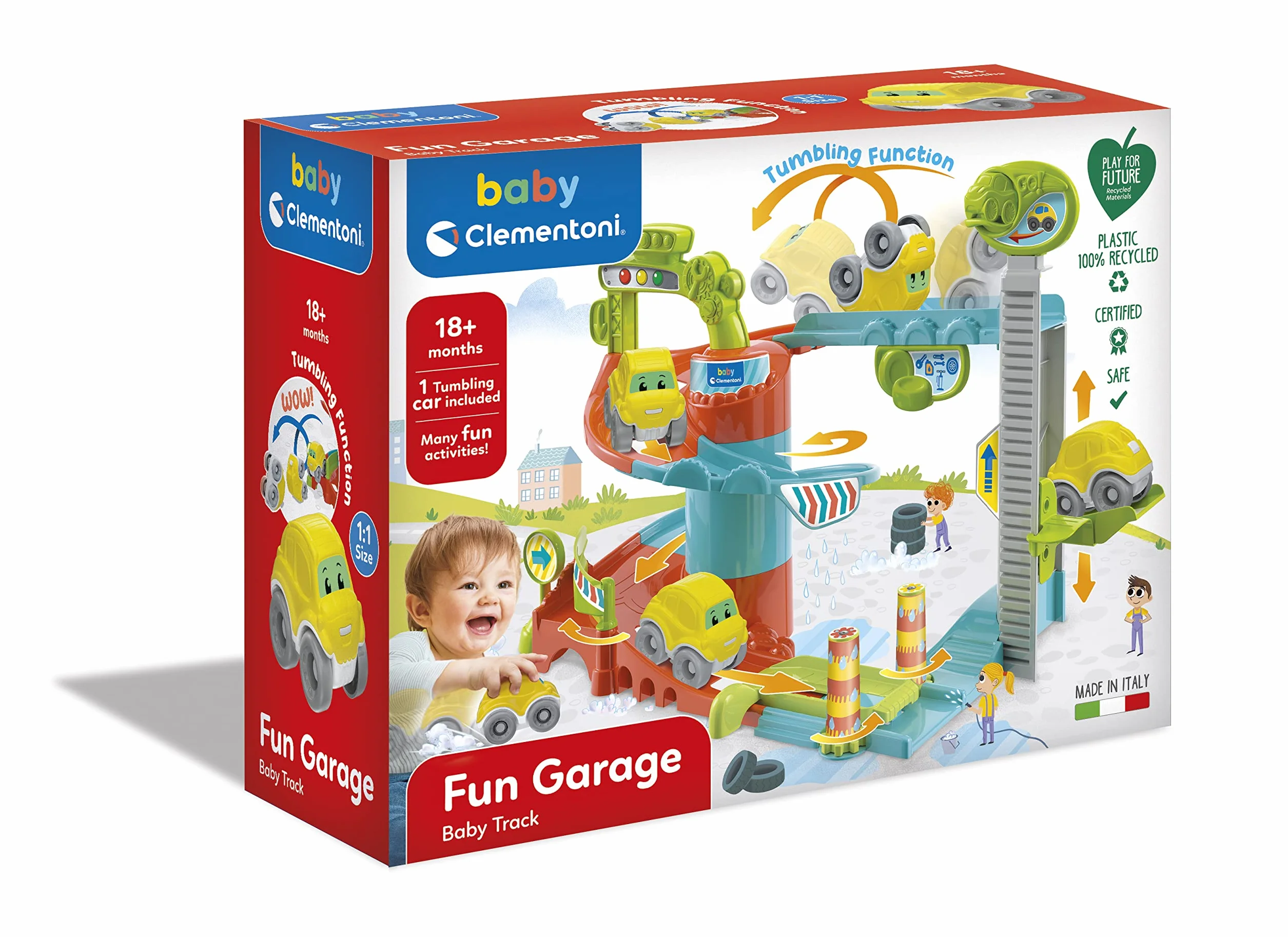 Clementoni-17404 - Baby Garaje Divertido - Juguete bebé sostenible a Partir de 18 Meses
