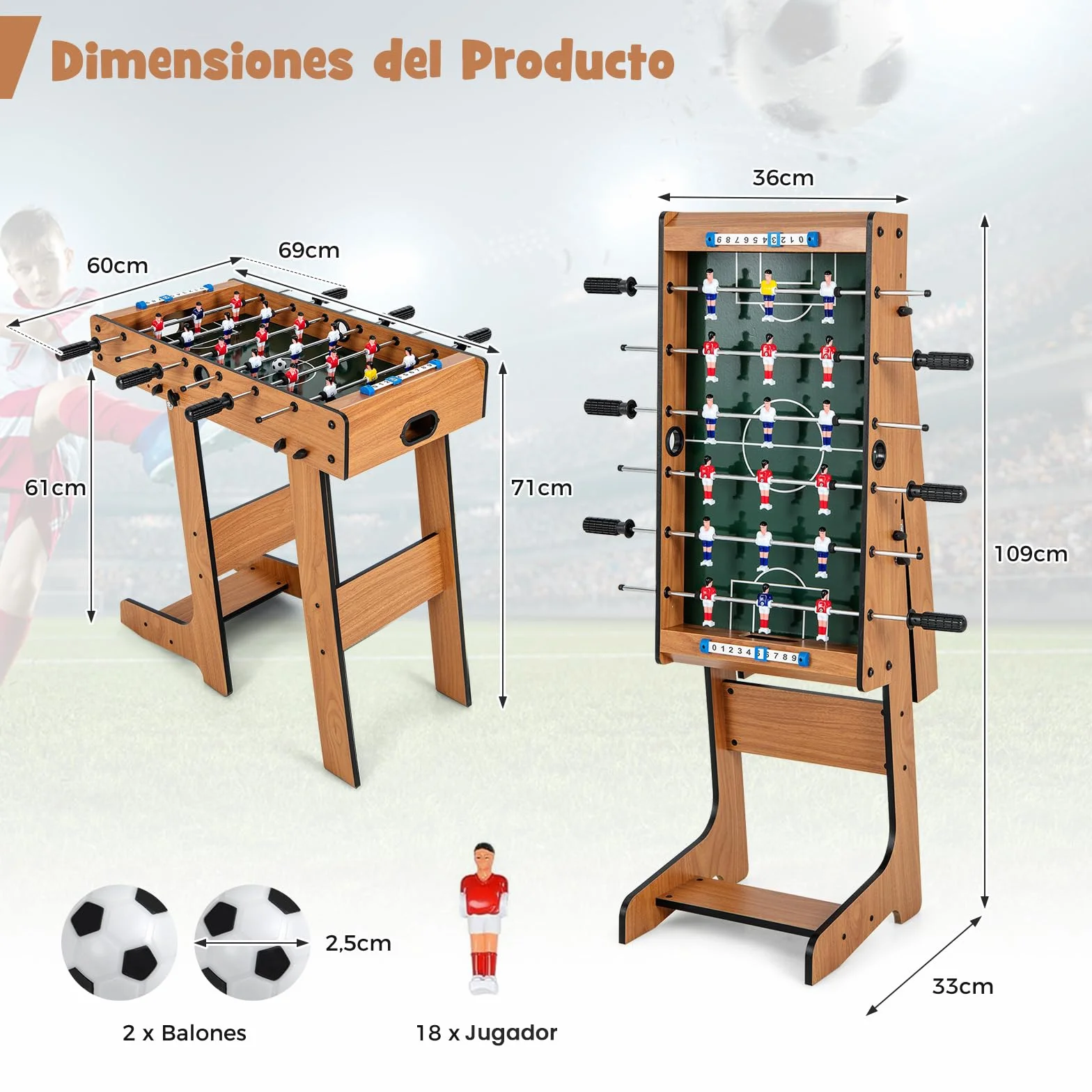 RELAX4LIFE Futbolín Plegable de Madera con Patas, 6 Asas, 18 Jugadores, 2 Balones y 2 Marcadores, Futbolín para Niños y Adultos, Juegos de Mesa para Dormitorio, Bar, Salón, Fiestas, 36x69x71cm
