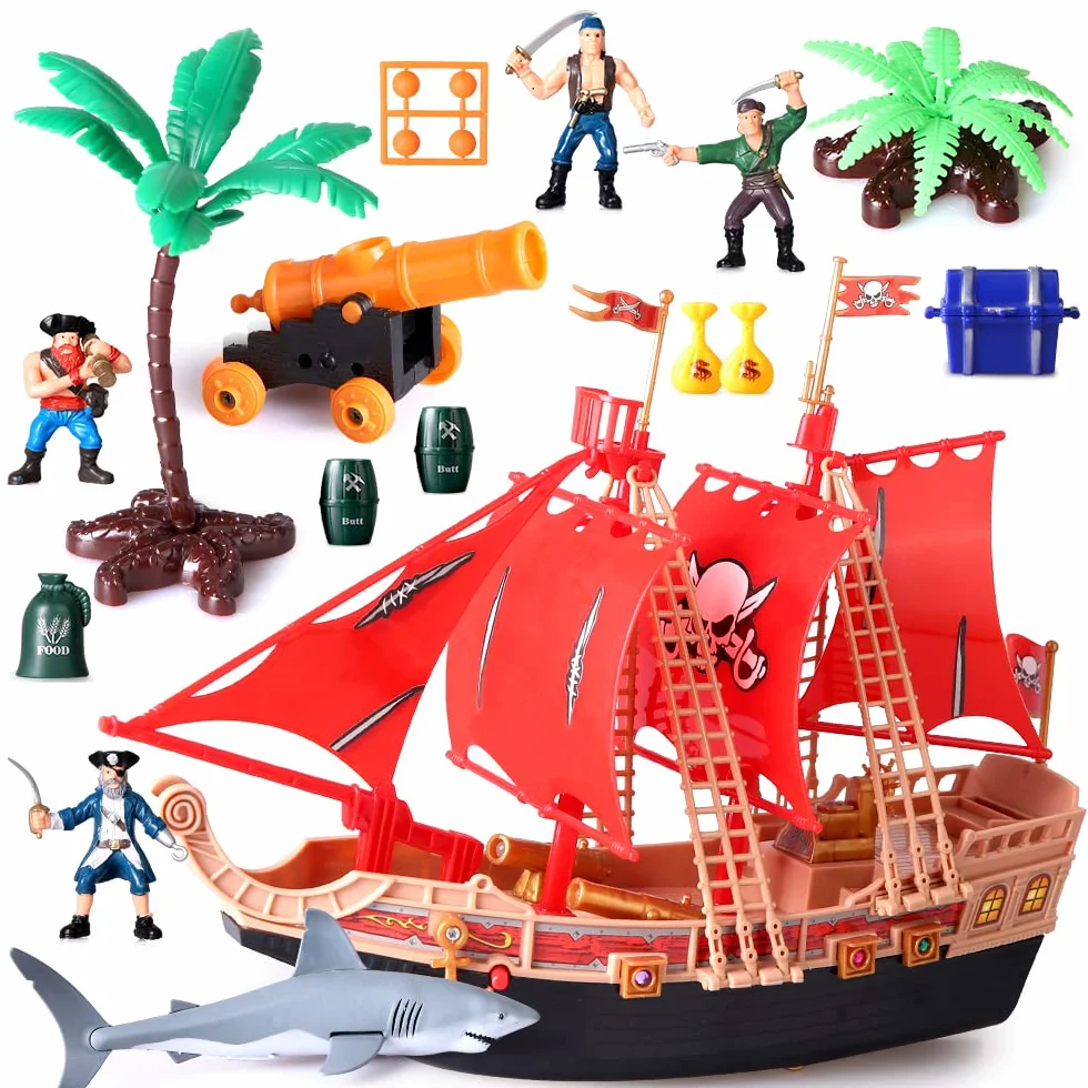 Juguetes de aventura barcos piratas infantiles con muñecas de Acción de plástico máquinas de juego barcos piratas con tiburones,barcos,cañones,árboles y otros accesorios regalos educativos 3-8 años