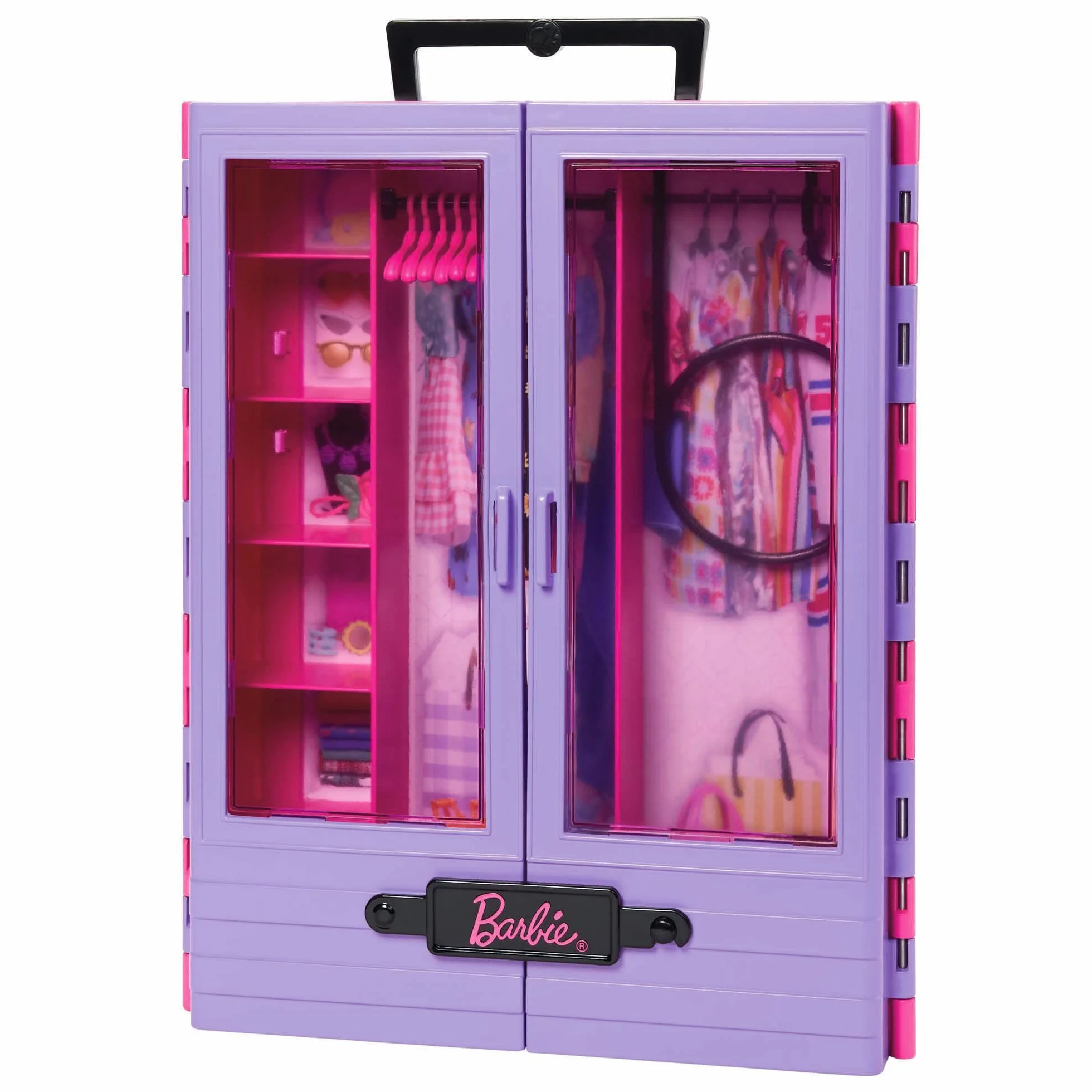 Barbie Fashionista Armario portátil para Ropa de muñeca, Incluye 3 Looks completos, 6 Perchas y muñeca, Juguete +3 años (Mattel HJL66)