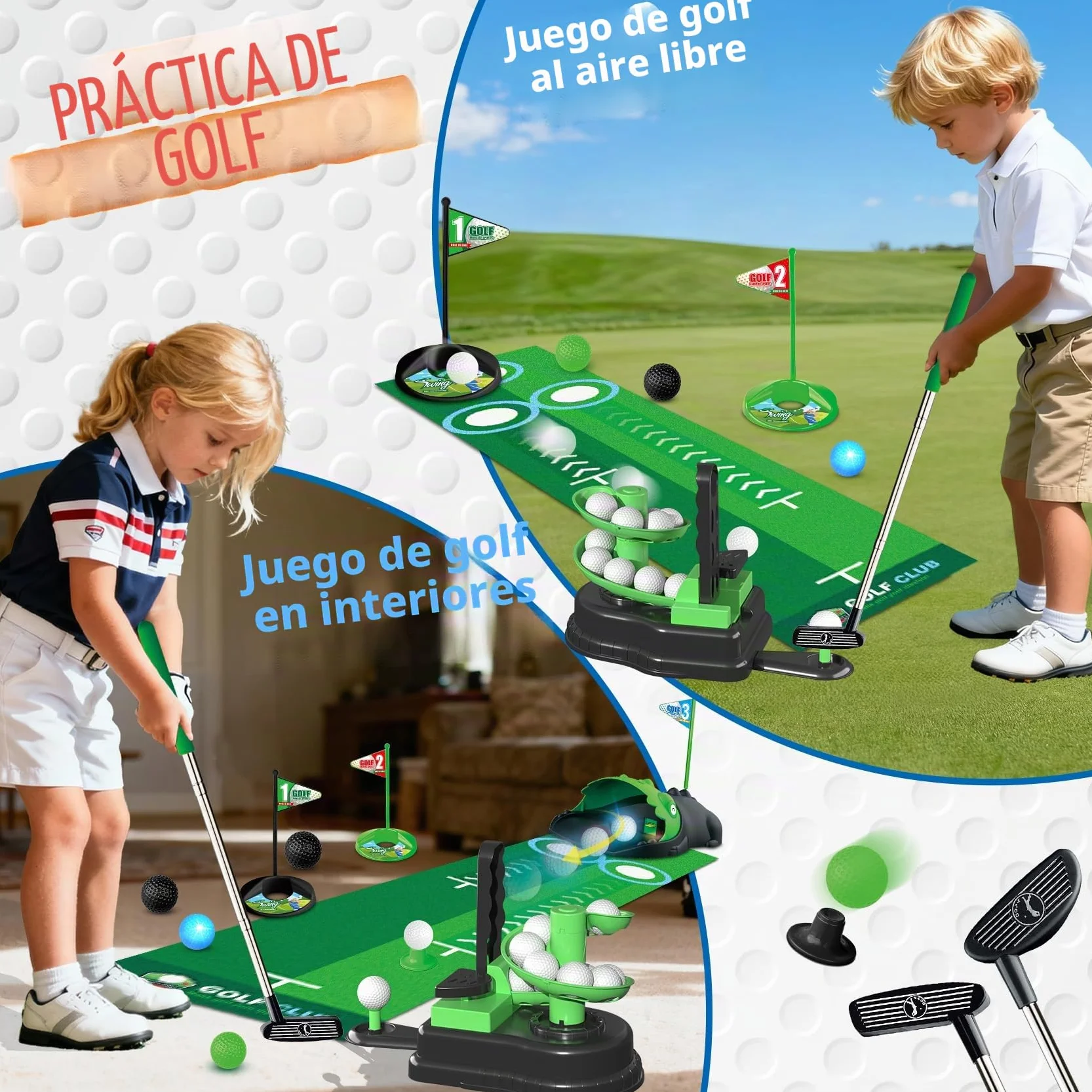 TERRAMUS Juego de Golf Infantil Mejorado, 3 en 1 con Lanzador automático de Pelotas de Dinosaurio y Pelotas con luz LED, minigolf para niños de 3 a 8 años