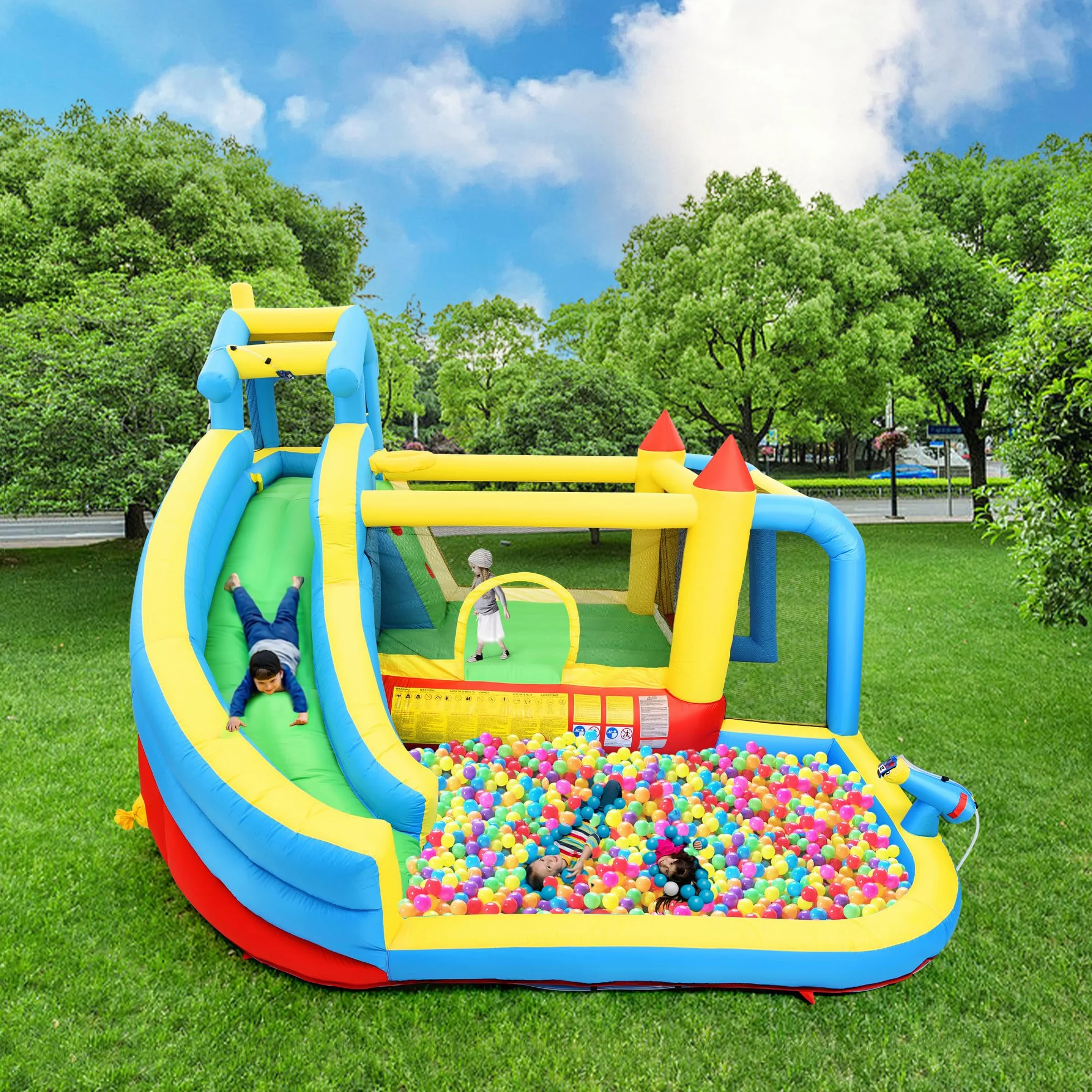 Bouncy Castle para niños 5 en 1 con ventilador, parque acuático inflable con tobogán, plataforma de salto, piscina y red de fútbol, castillo hinchable al aire libre para jardín, tela Oxford