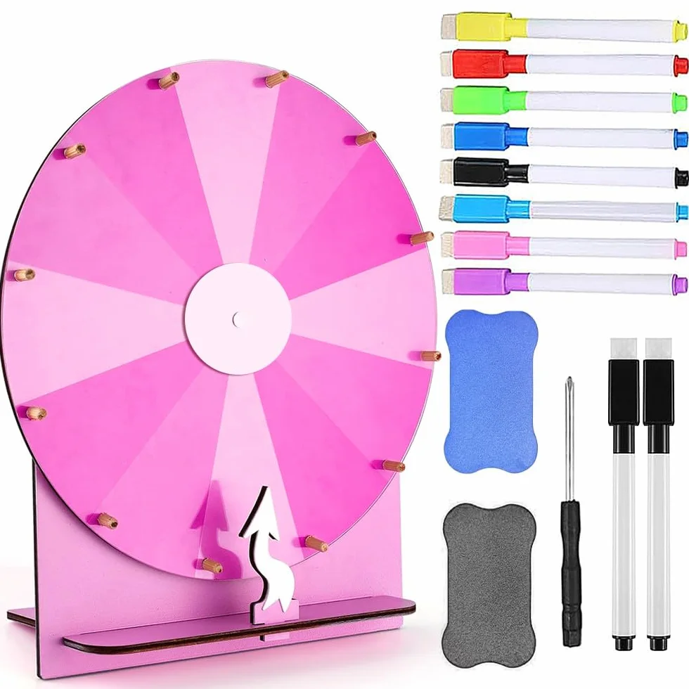 Ruleta de la Suerte, 29cm Ruleta Giratoria, 12 Ranuras Rueda de Premio, Rueda de la Fortuna para Girar, Ruleta Giratoria con 2 Goma de Borrar y 10 Rotulador para Carnaval, Feria Comercia