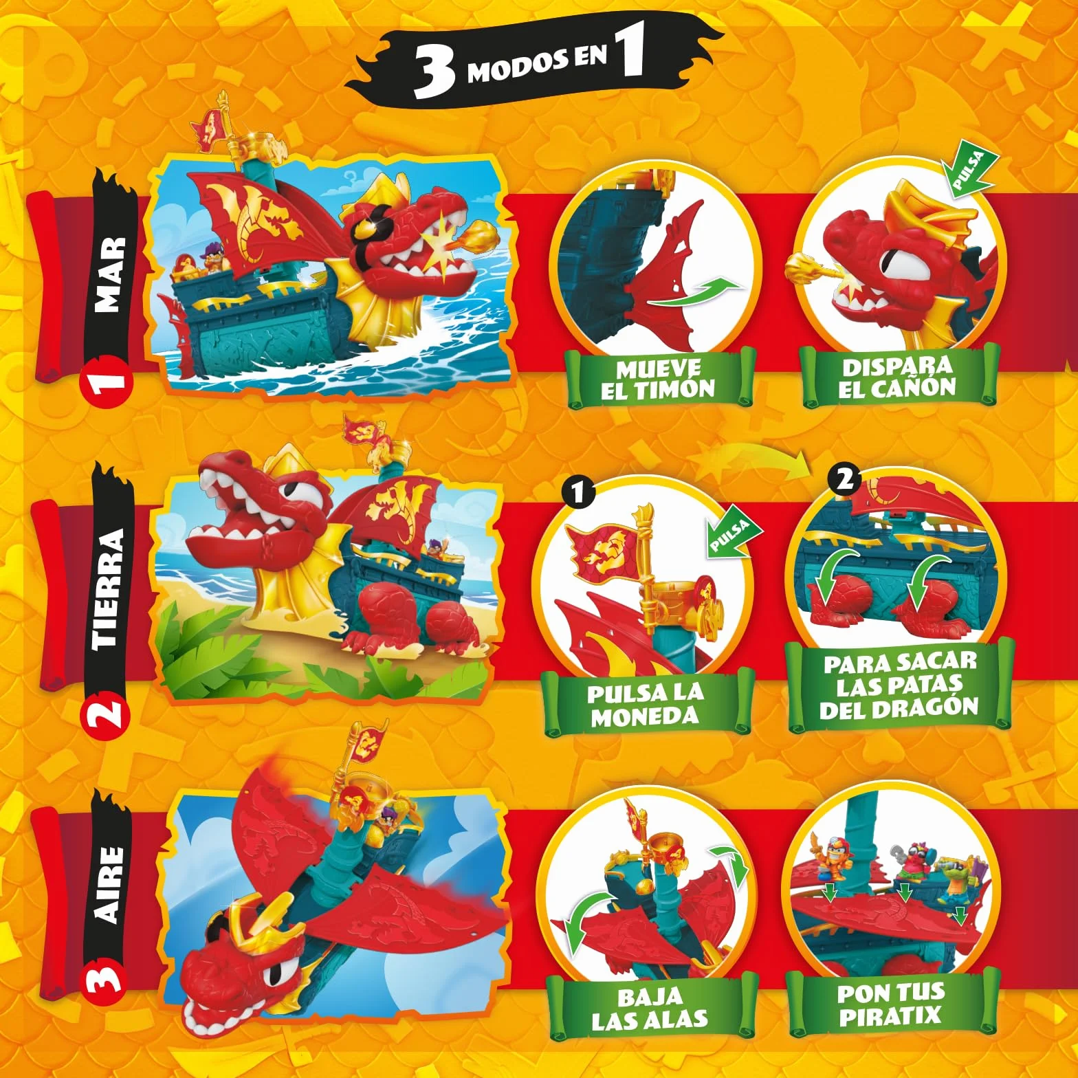 PIRATIX Dragon Ship – Barco Dragón de Piratix Todo Terreno 3 en 1: Tierra, Mar y Aire. Contiene 1 Barco Dragón, 1 Piratix Exclusivo, 1 Tesoro Exclusivo, 1 Bandera y 1 proyectil