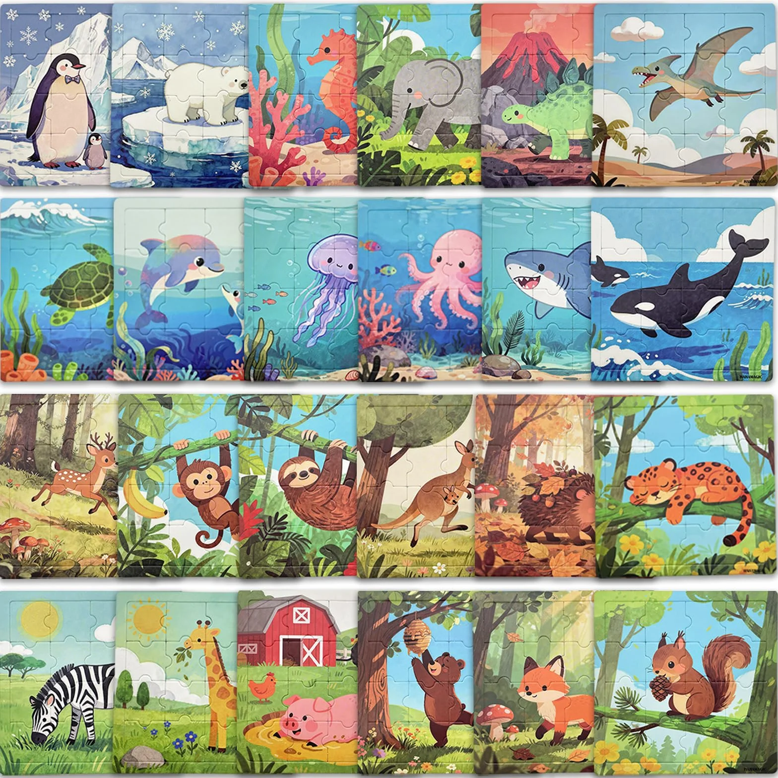 Puzzles para Niños, Pack 24 Puzzles 16 Piezas con Base, Puzzle Animal Envuelto Individualmente Juguete Educativo Regalos Fiesta Cumpleaños