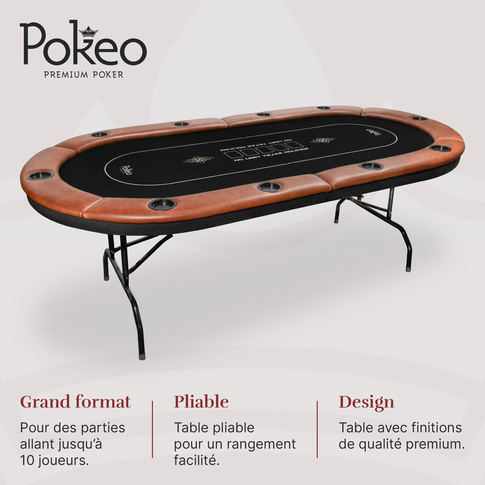 Mesa de Póker Plegable para 10 Jugadores – Tapete Negro – Compacta – Apoyabrazos PU Marrón – 10 Portavasos – Texas Hold'em Blackjack