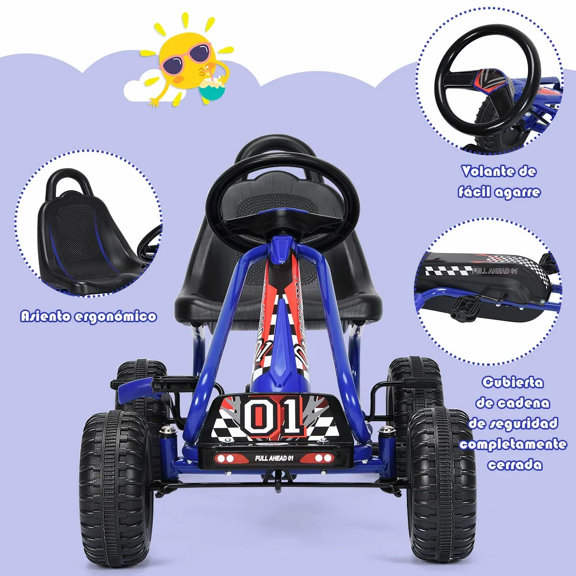 COSTWAY Go Kart de Pedales para Niños con 4 Ruedas Antideslizantes Asiento Envolvente y Freno de Mano, para Niños y Niñas (Azul)